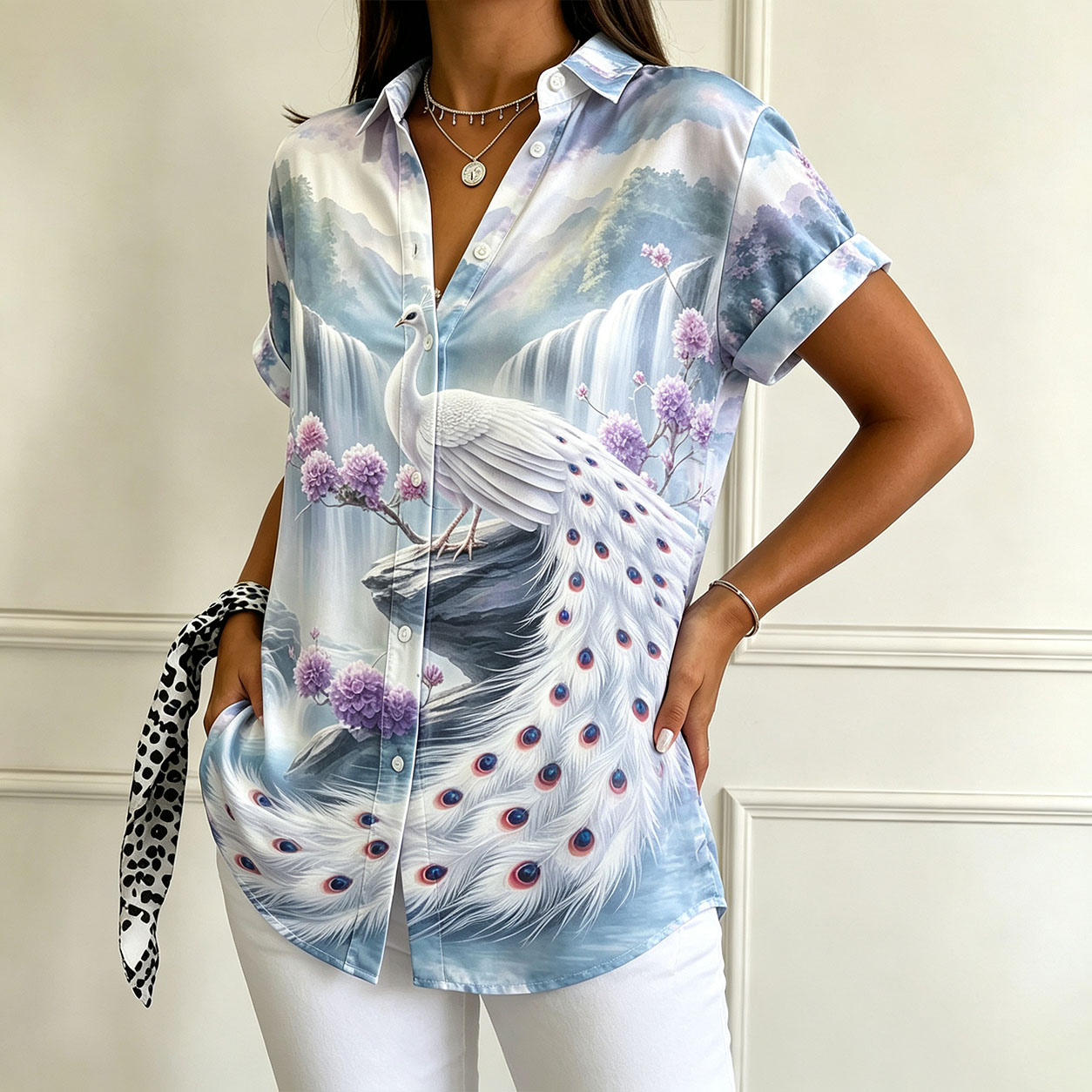 Women’s Short Sleeve Button Down Shirt, Elegant Peacock Print Blouse, Waterfall Landscape Graphic Top, Lightweight Polyester Casual Summer Shirt for Vacation, Resort & Everyday Wear-gemscharms