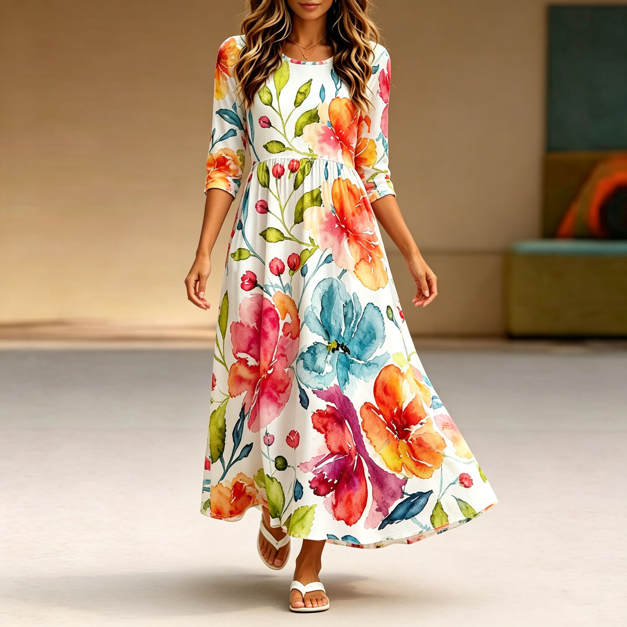 Women's Floral Maxi Dress 3/4 Sleeve Casual Swing Dress with Pockets, Elegant A Line Long Dress for Summer Vacation, Spring Fall