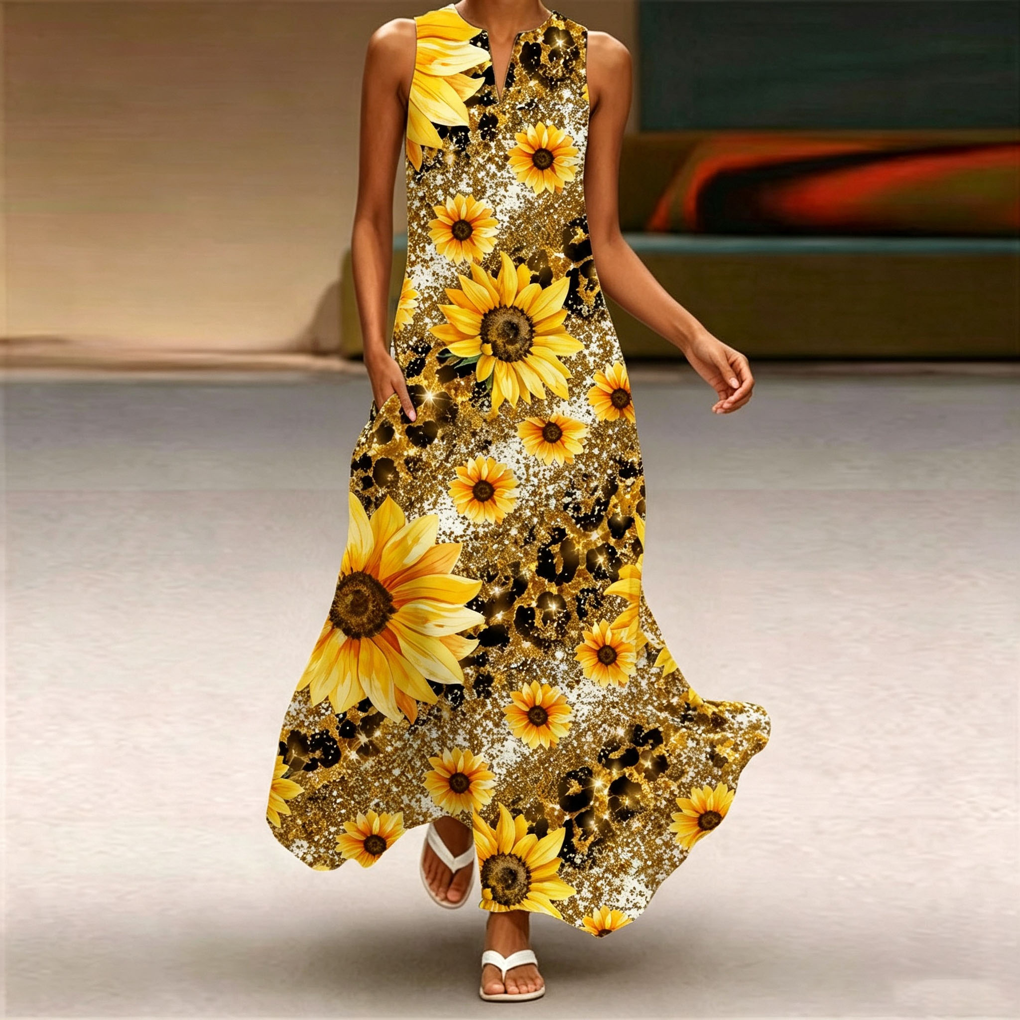 Women Sleeveless V‑Neck Long Maxi Dress Casual Loose‑Fit Sunflower Print Flowy Summer Long Dresses With Pockets