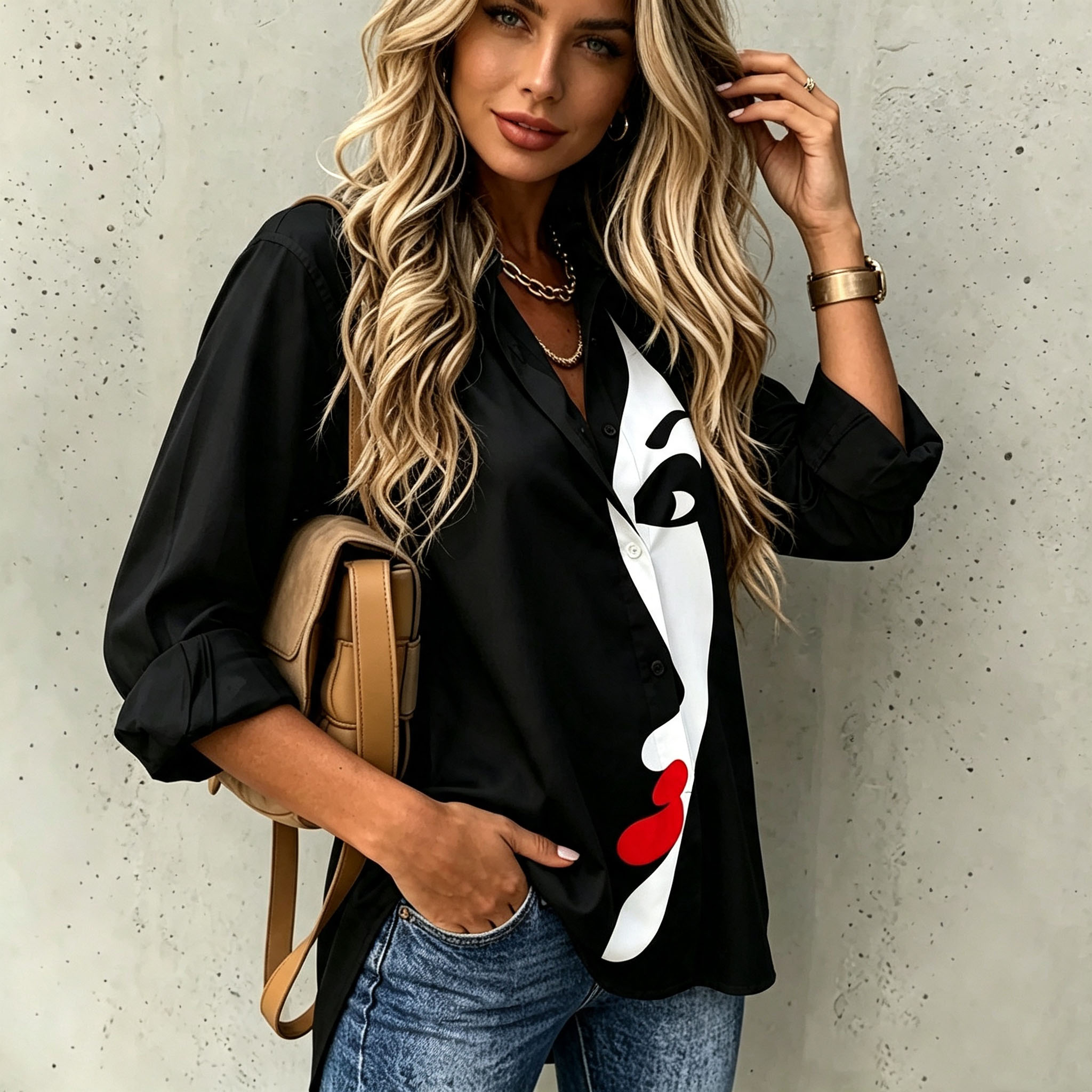 Women's Abstract Face Print Button Down Shirt Long Sleeve Minimalist Graphic Blouse Casual Loose Fit Black White Artistic Tops Modern Fashion Shirt-gemscharms