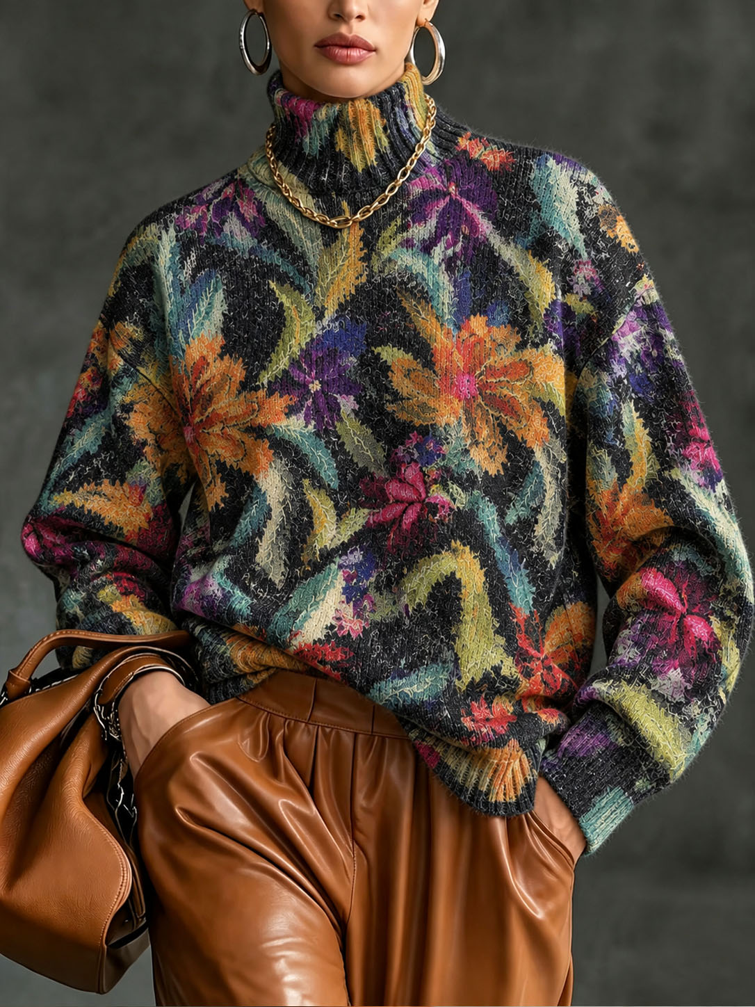Women’s Printed Turtleneck Sweater – Cozy Knit Pullover with Stylish Graphic Designs