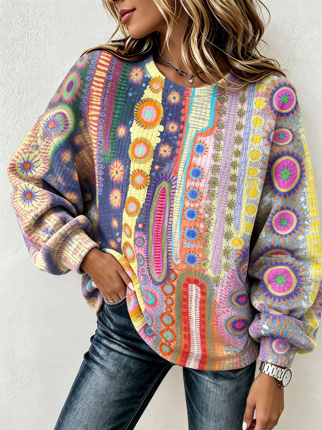Women's Waffle Knit Sweatshirt Boho Colorful Geometric Abstract Print Crew Neck Long Sleeve Casual Loose Pullover Tops  >