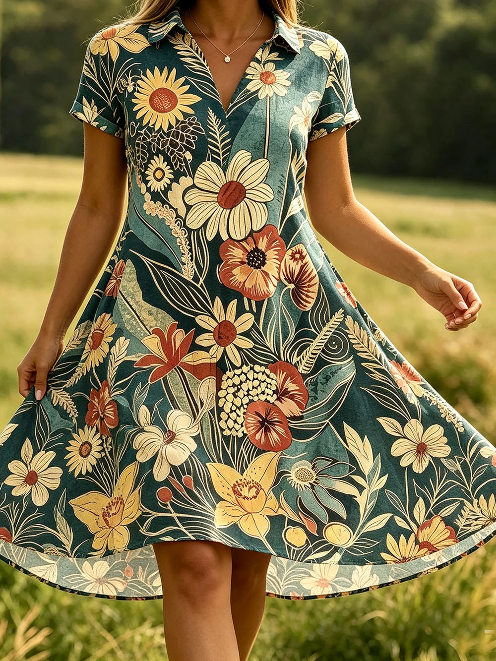 Women’s Collared V-Neck Short Sleeve Midi Dress, Lightweight Polyester Retro Sunflower Floral Print Flowy A-Line Summer Dress for Countryside Vacation