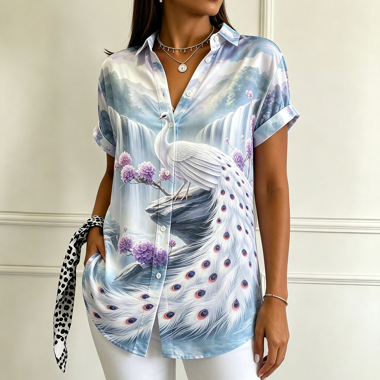 Women’s Short Sleeve Button Down Shirt, Elegant Peacock Print Blouse, Waterfall Landscape Graphic Top, Lightweight Polyester Casual Summer Shirt for Vacation, Resort & Everyday Wear-gemscharms