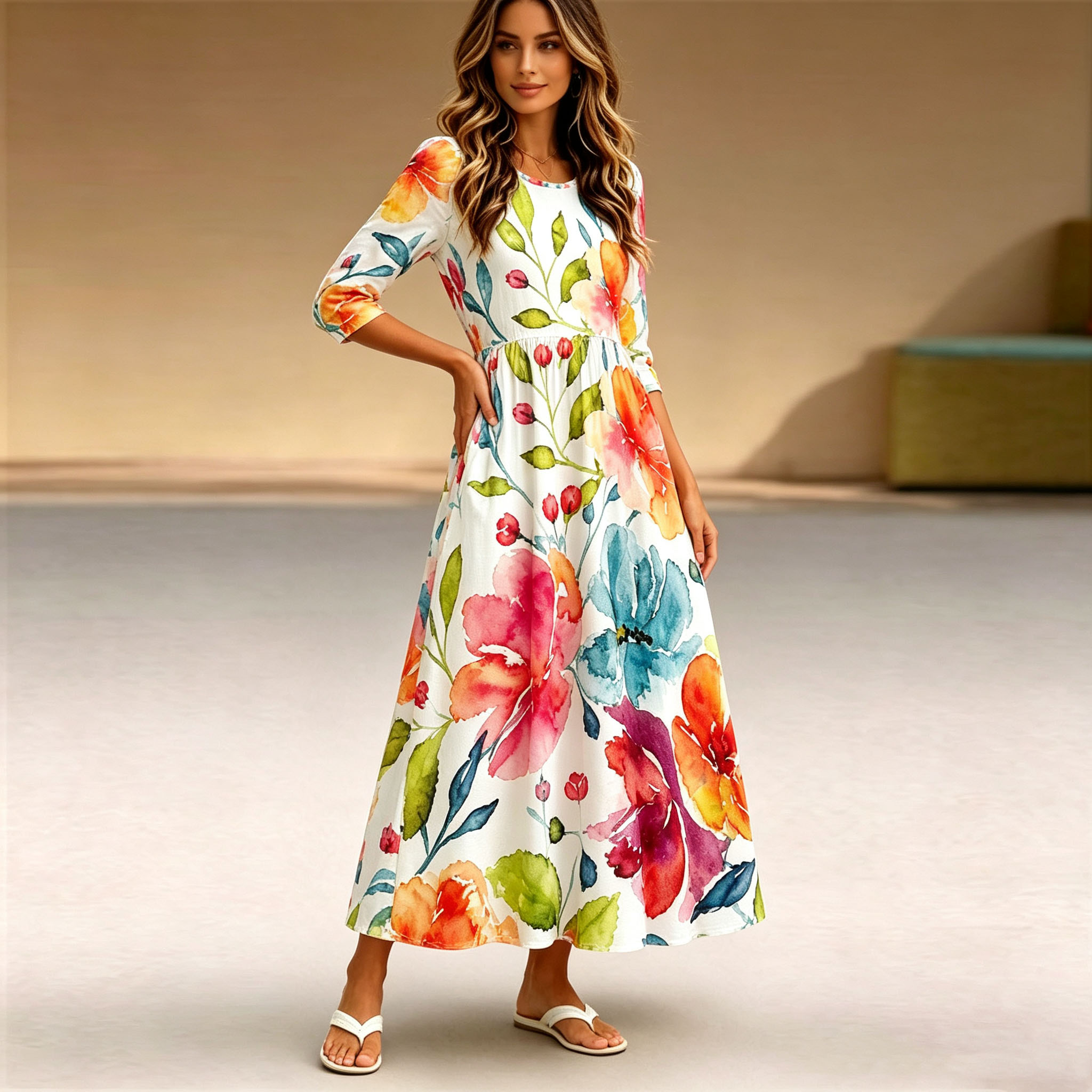 Women's Floral Maxi Dress 3/4 Sleeve Casual Swing Dress with Pockets, Elegant A Line Long Dress for Summer Vacation, Spring Fall