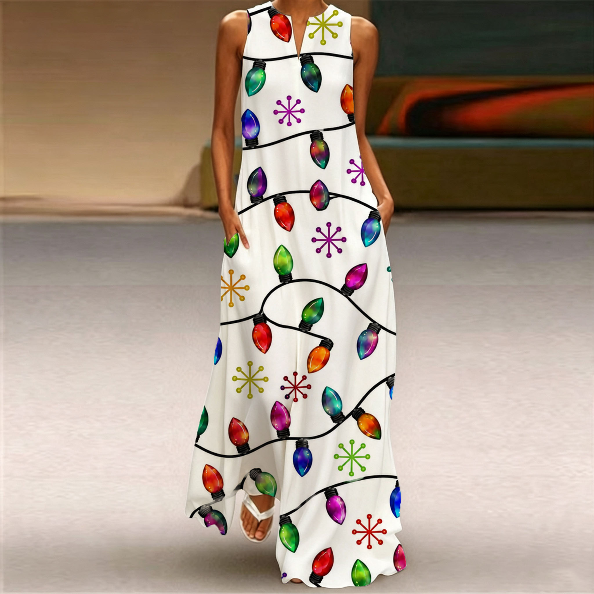 Women Sleeveless Notch V‑Neck Maxi Dress, Christmas Colorful String Light Snowflake Print Loose‑Fit Flowy Long Holiday Dress With Side Pockets