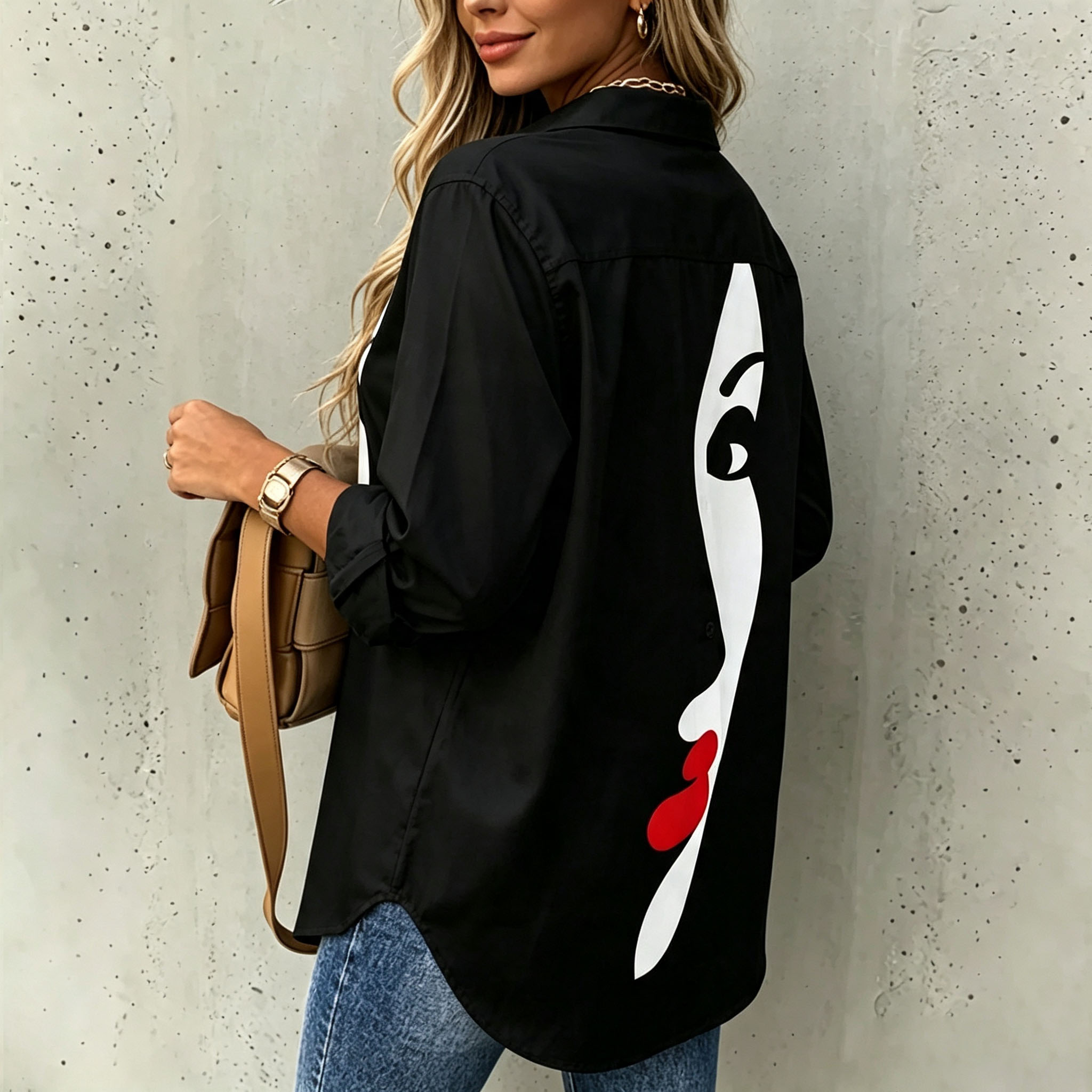 Women's Abstract Face Print Button Down Shirt Long Sleeve Minimalist Graphic Blouse Casual Loose Fit Black White Artistic Tops Modern Fashion Shirt