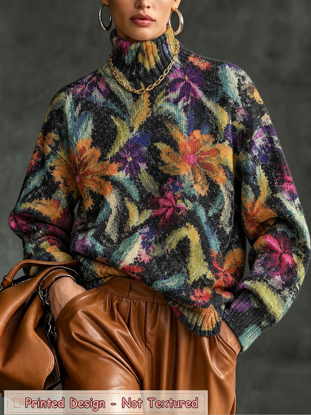 Women’s Printed Turtleneck Sweater – Cozy Knit Pullover with Stylish Graphic Designs