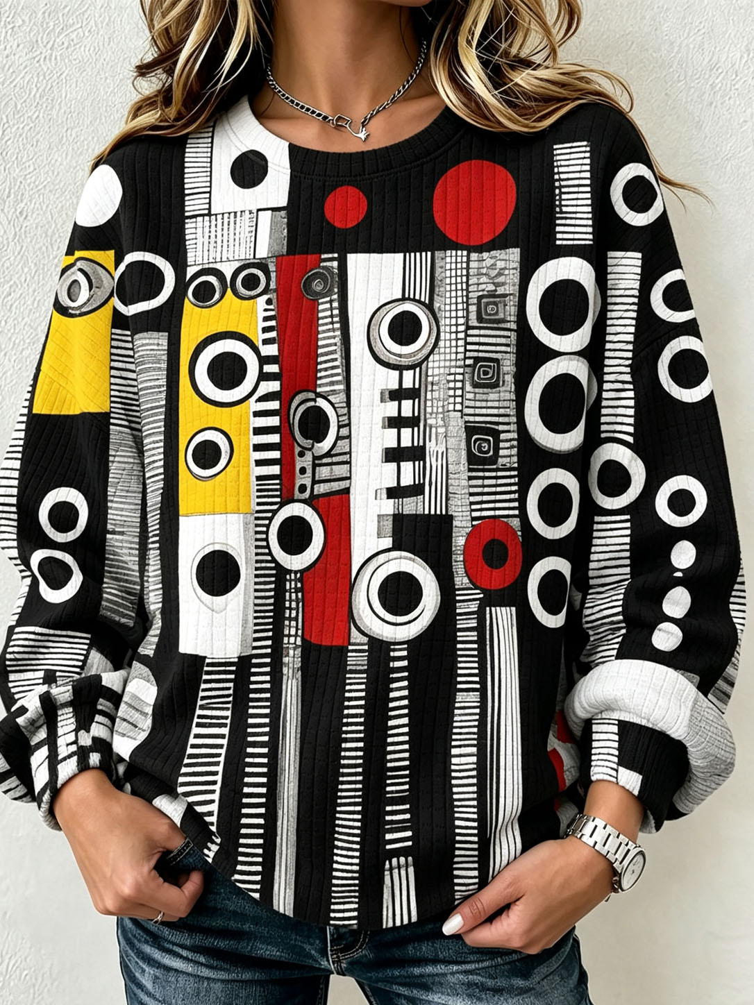 Women's Waffle Knit Sweatshirt Abstract Geometric Circle Stripe Print Crew Neck Long Sleeve Casual Loose Pullover Tops  >