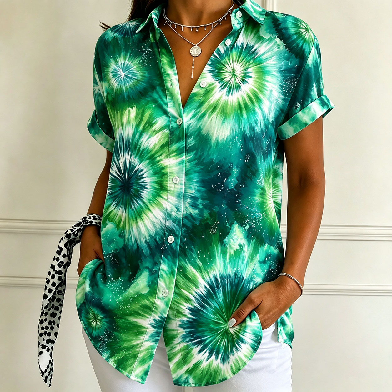 Women’s Short Sleeve Button Down Shirt, Abstract Green Floral Print Blouse, Tropical Botanical Casual Top, Lightweight Polyester Summer Shirt for Vacation, Beach, Resort & Everyday Wear-gemscharms