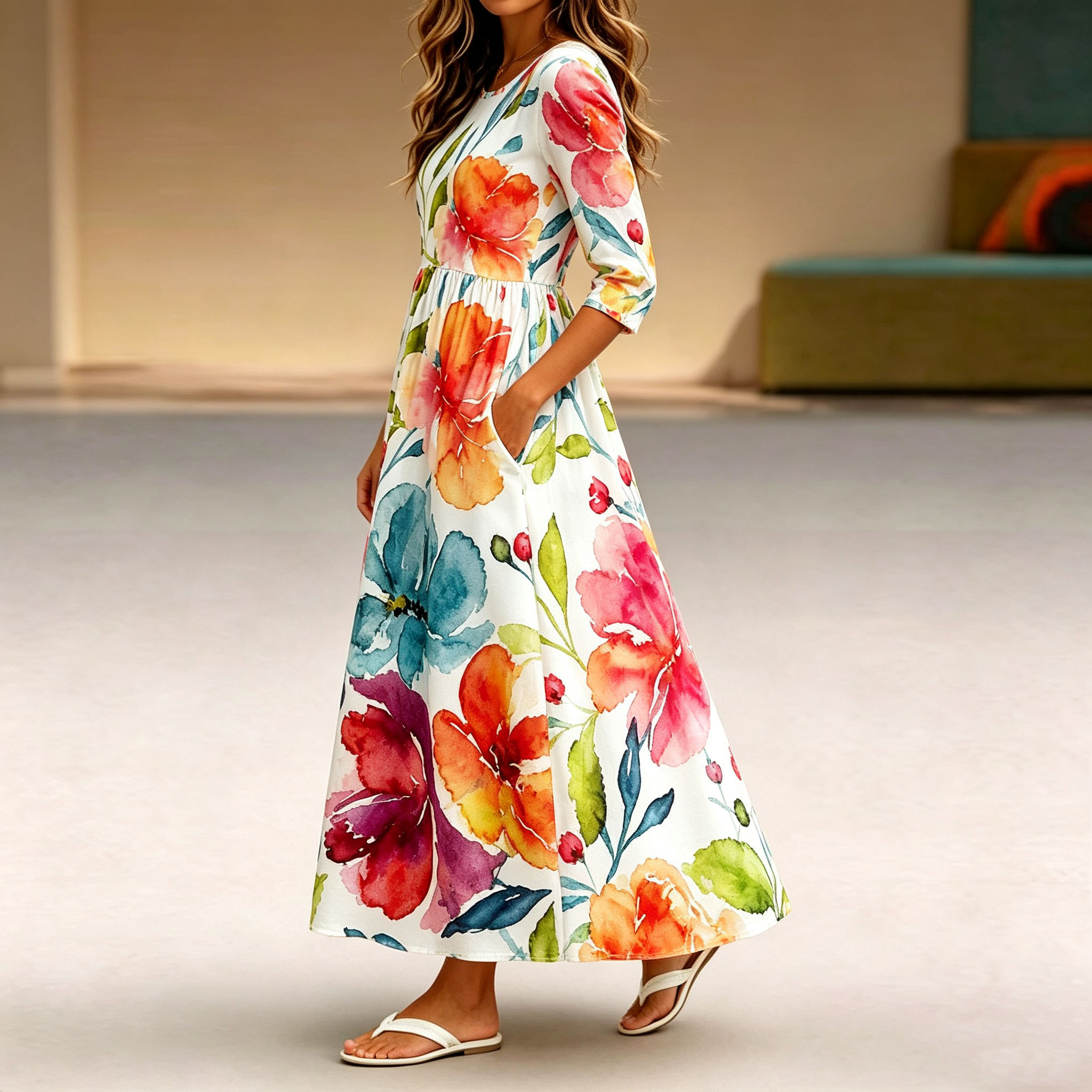 Women's Floral Maxi Dress 3/4 Sleeve Casual Swing Dress with Pockets, Elegant A Line Long Dress for Summer Vacation, Spring Fall