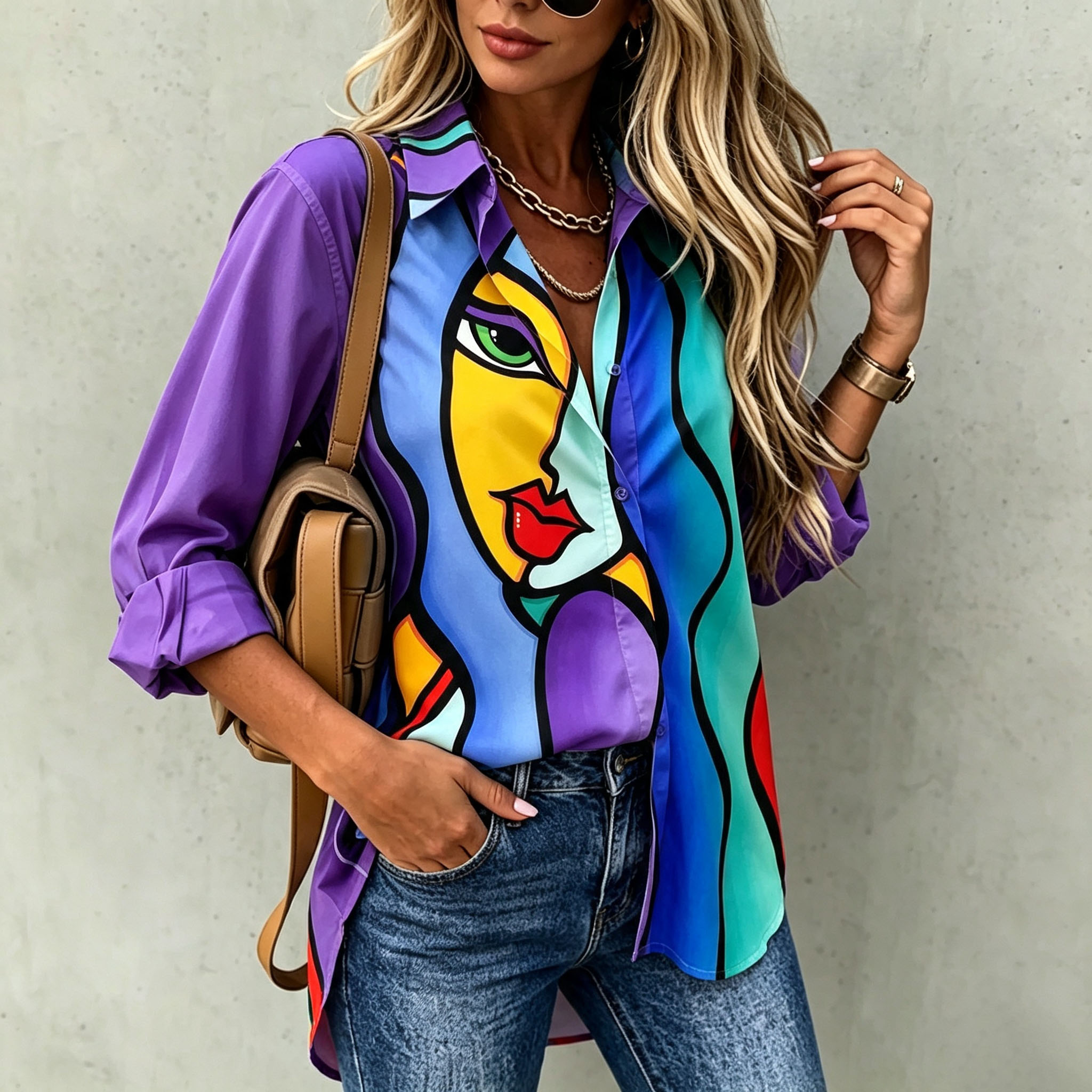 Women's Artistic Printed Button Down Shirt Casual Loose Fit Blouse Long Sleeve Vintage Graphic Top Fashion Streetwear Shirt for Work Vacation Party-gemscharms