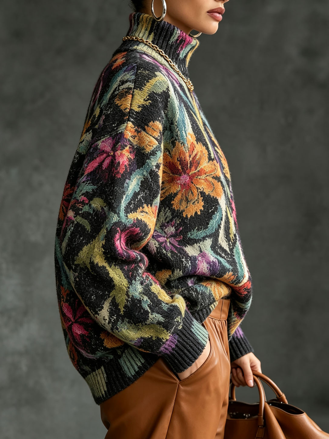 Women’s Printed Turtleneck Sweater – Cozy Knit Pullover with Stylish Graphic Designs