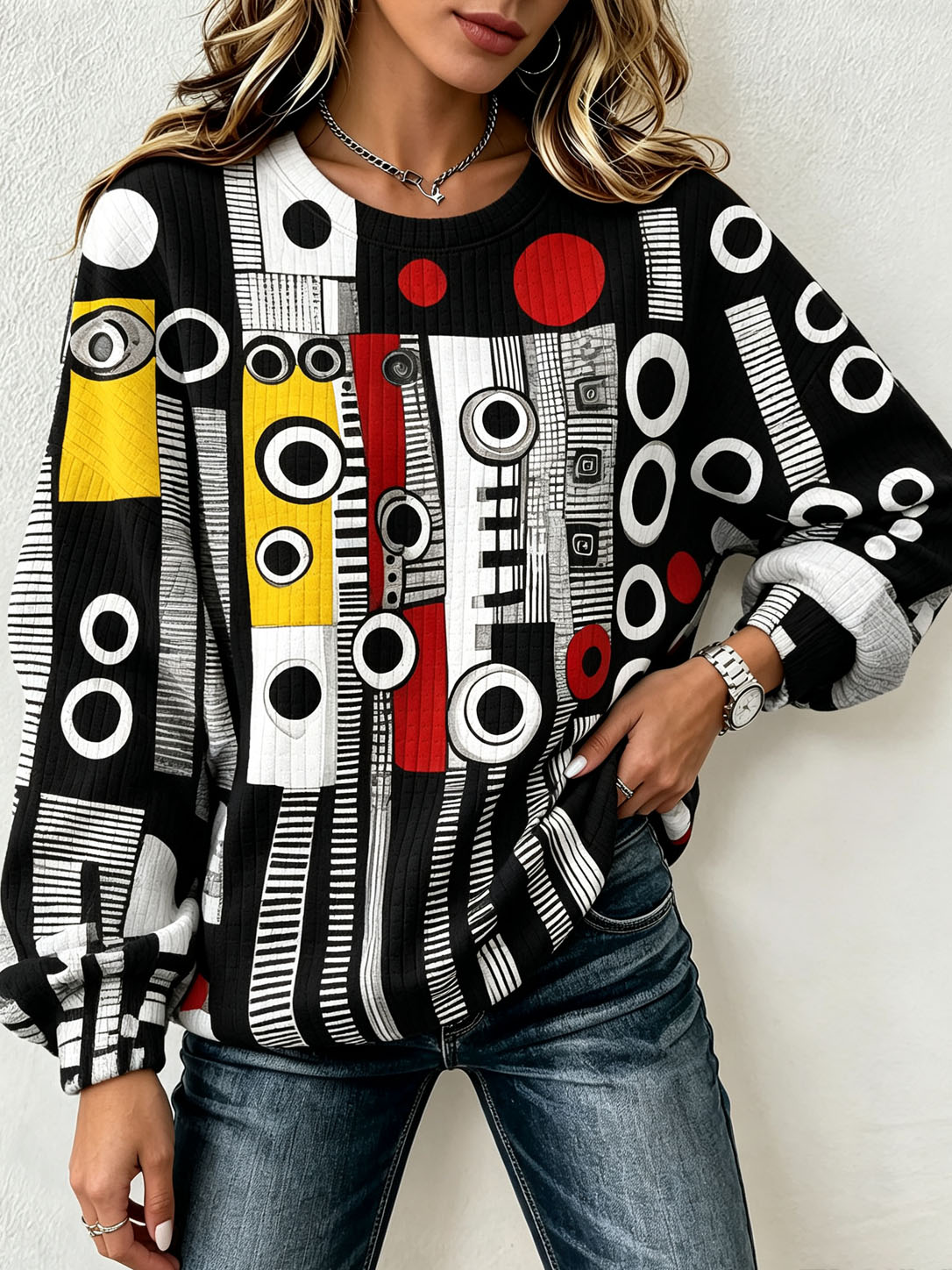 Women's Waffle Knit Sweatshirt Abstract Geometric Circle Stripe Print Crew Neck Long Sleeve Casual Loose Pullover Tops  >