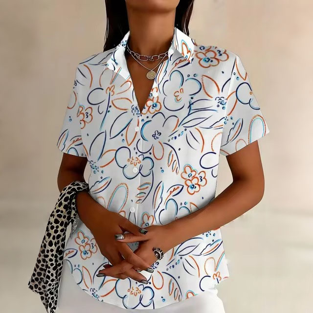 Women’s Abstract Floral Line Art Button-Up Shirt – Short Sleeve Casual Blouse