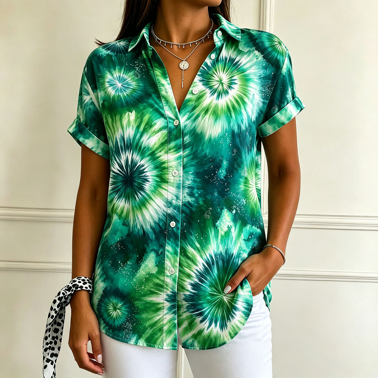 Women’s Short Sleeve Button Down Shirt, Abstract Green Floral Print Blouse, Tropical Botanical Casual Top, Lightweight Polyester Summer Shirt for Vacation, Beach, Resort & Everyday Wear