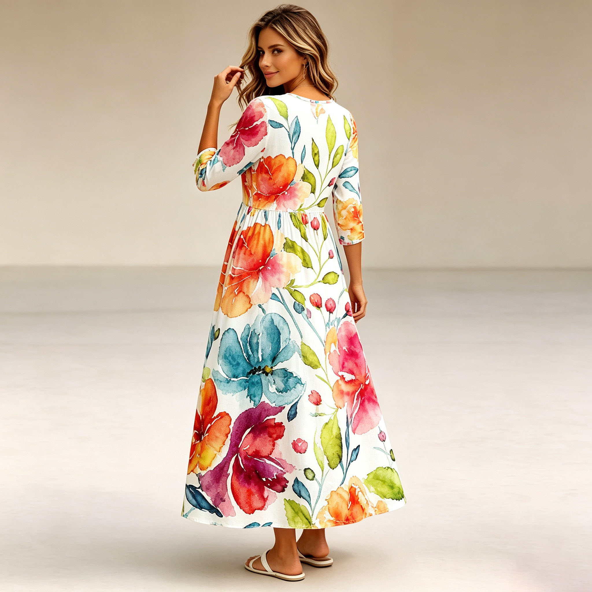 Women's Floral Maxi Dress 3/4 Sleeve Casual Swing Dress with Pockets, Elegant A Line Long Dress for Summer Vacation, Spring Fall