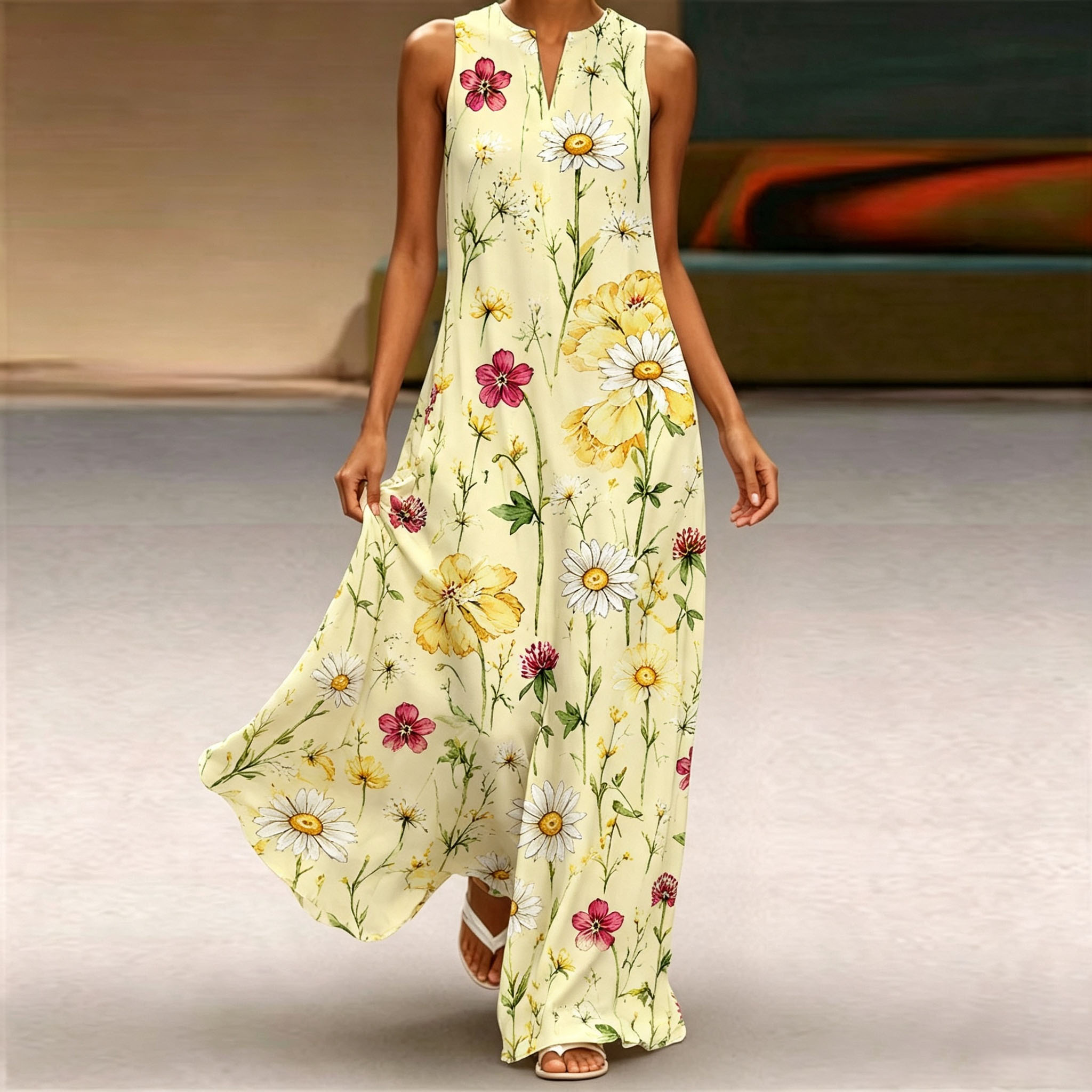 Women Sleeveless Notch V‑Neck Maxi Dress, Casual Loose‑Fit Watercolor Wildflower Print Flowy Long Summer Dress With Side Pockets