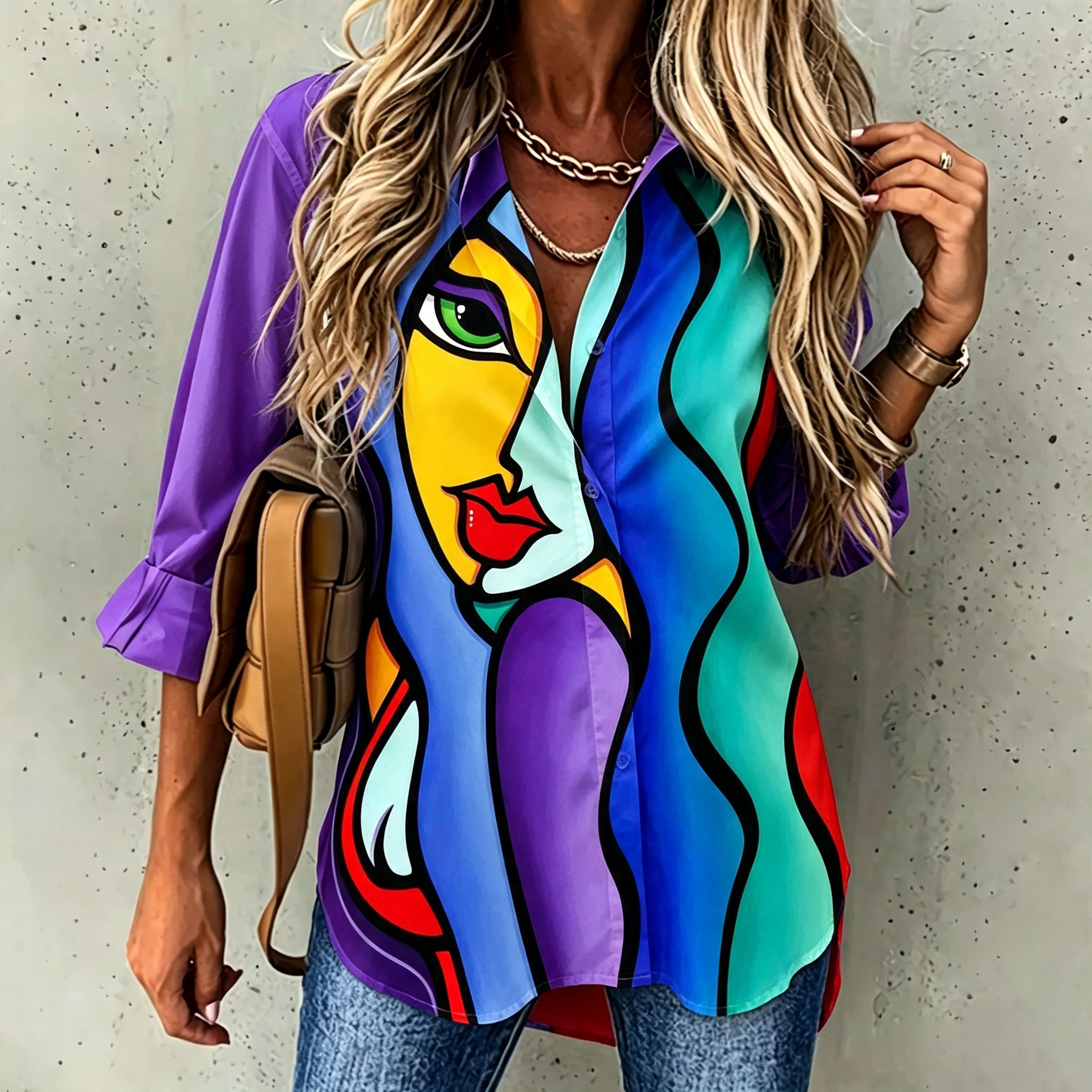 Women's Artistic Printed Button Down Shirt Casual Loose Fit Blouse Long Sleeve Vintage Graphic Top Fashion Streetwear Shirt for Work Vacation Party-gemscharms
