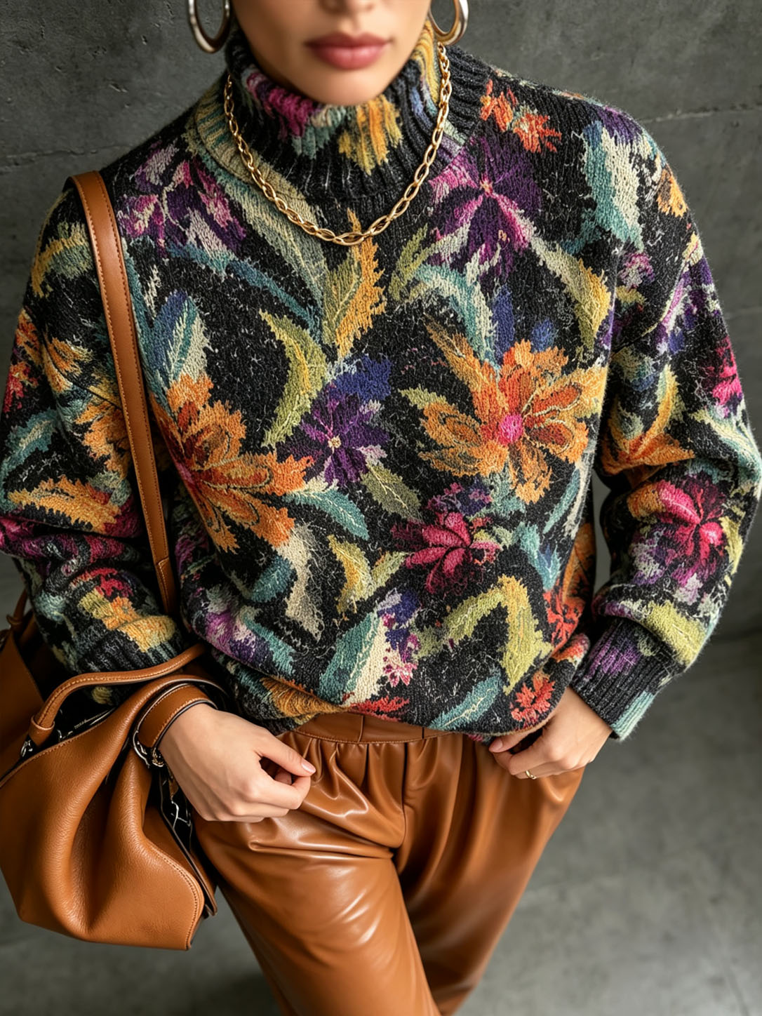 Women’s Printed Turtleneck Sweater – Cozy Knit Pullover with Stylish Graphic Designs