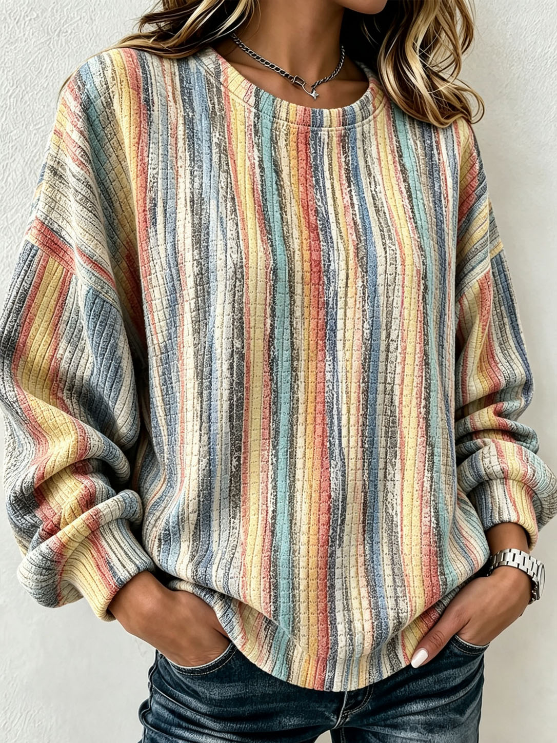 Women's Waffle Knit Sweatshirt Vintage Rainbow Vertical Stripe Print Crew Neck Long Sleeve Casual Loose Pullover Tops  >