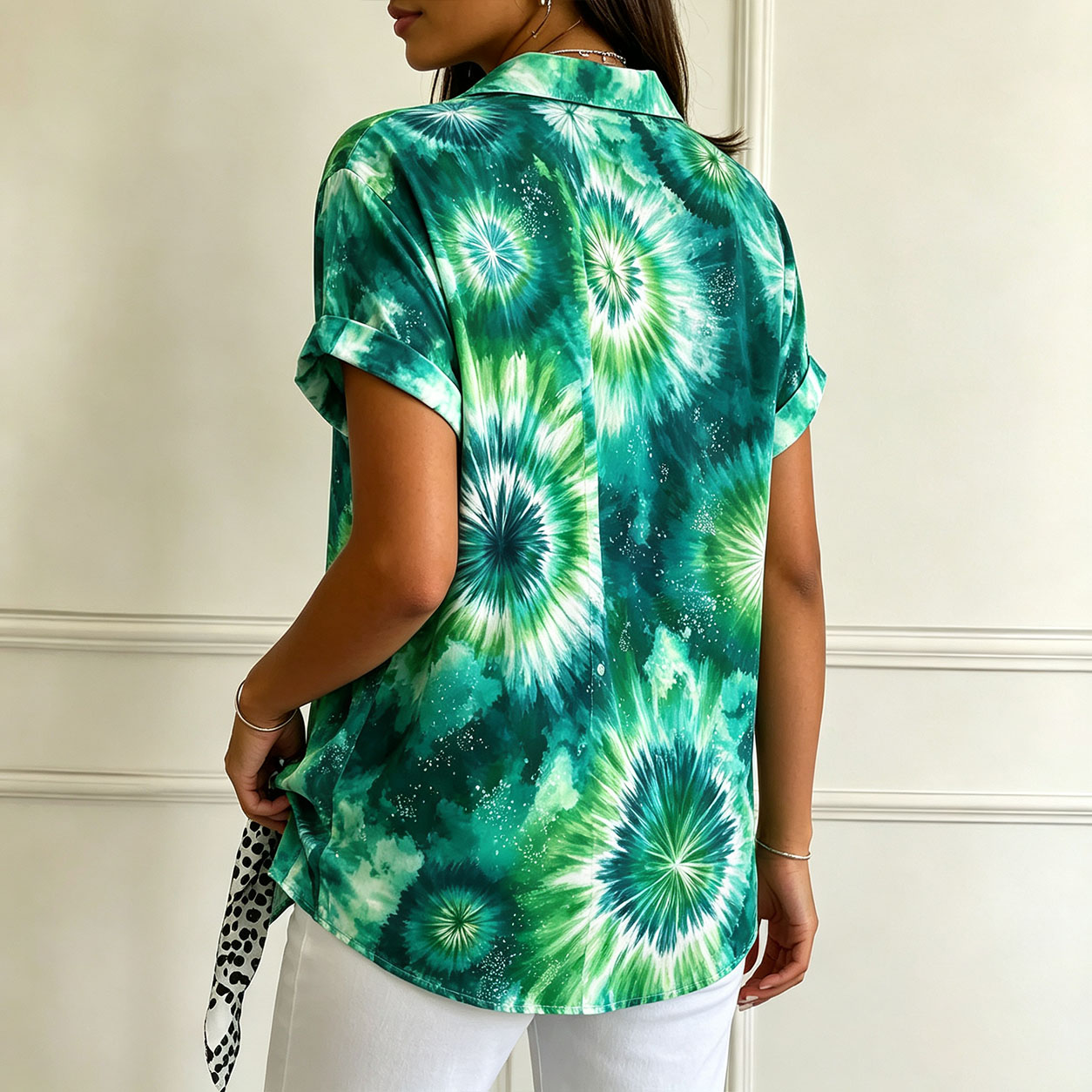 Women’s Short Sleeve Button Down Shirt, Abstract Green Floral Print Blouse, Tropical Botanical Casual Top, Lightweight Polyester Summer Shirt for Vacation, Beach, Resort & Everyday Wear