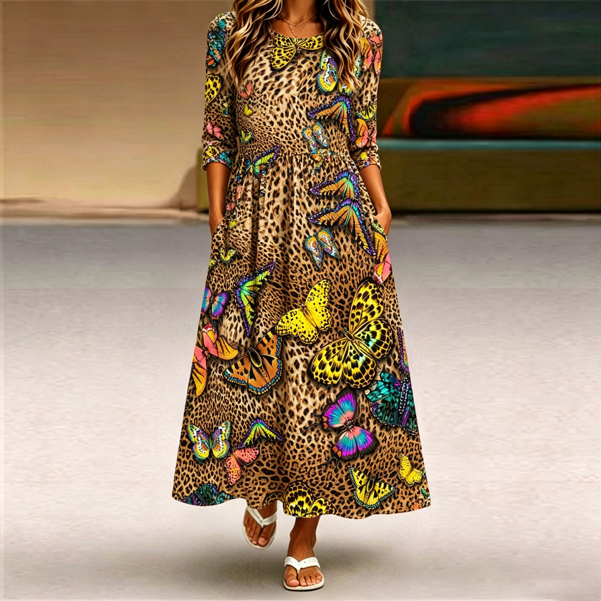 Women's Butterfly Leopard Print Maxi Dress 3/4 Sleeve Casual Swing Dress with Pockets, Boho A Line Long Dress for Summer Vacation