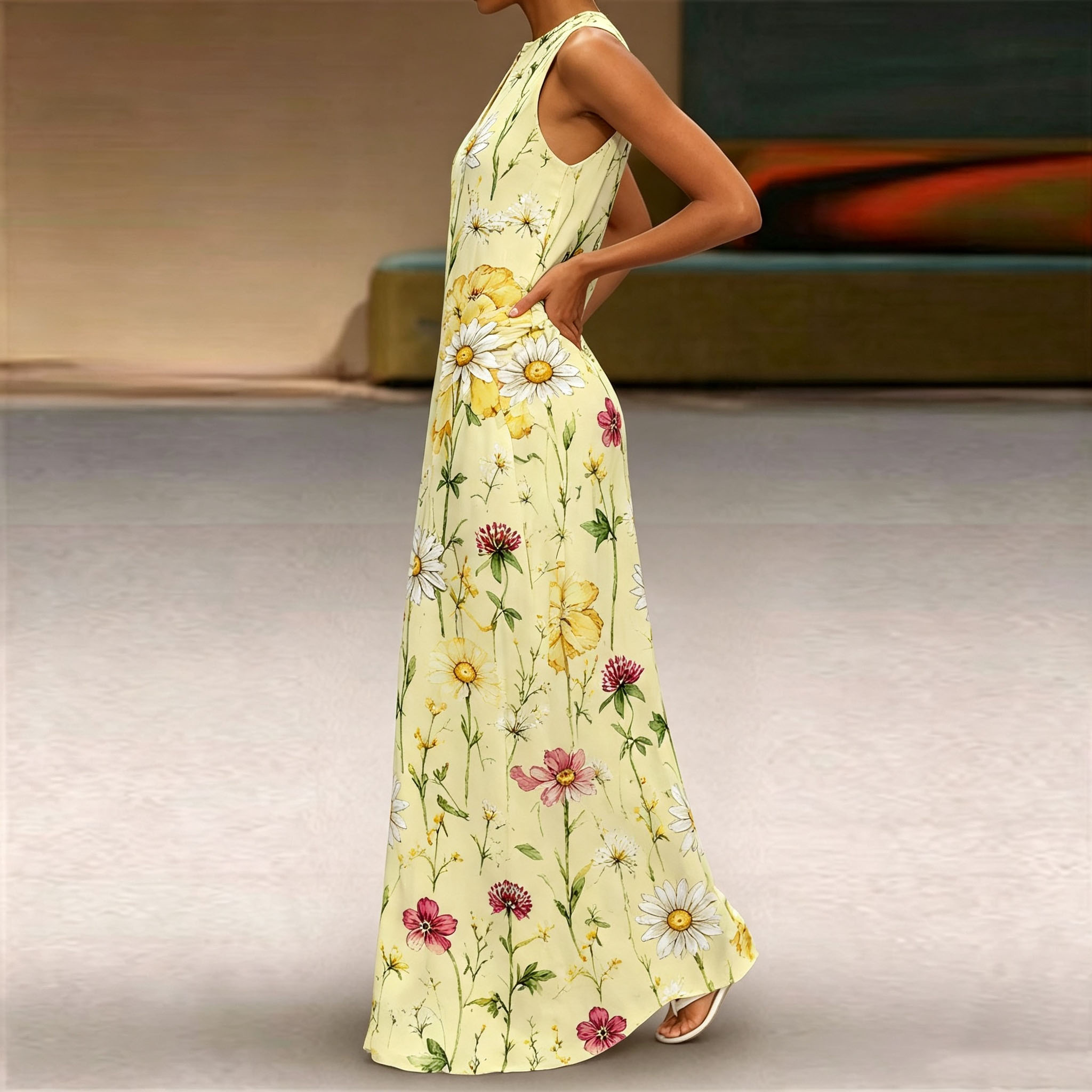Women Sleeveless Notch V‑Neck Maxi Dress, Casual Loose‑Fit Watercolor Wildflower Print Flowy Long Summer Dress With Side Pockets