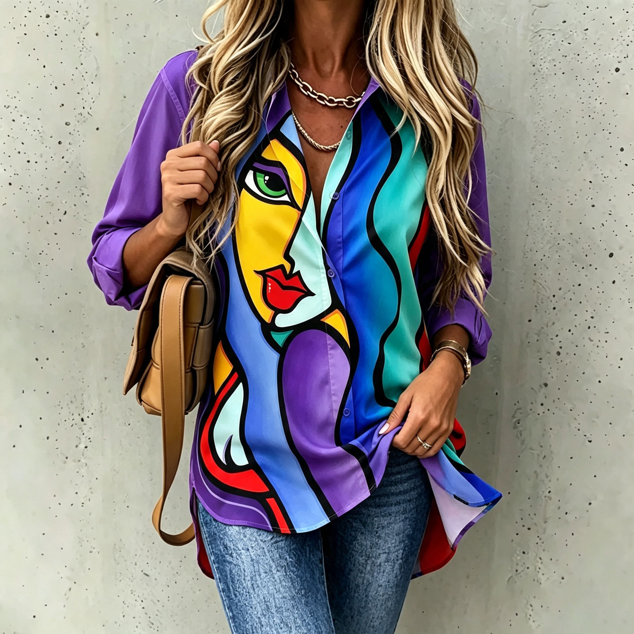 Women's Artistic Printed Button Down Shirt Casual Loose Fit Blouse Long Sleeve Vintage Graphic Top Fashion Streetwear Shirt for Work Vacation Party-gemscharms