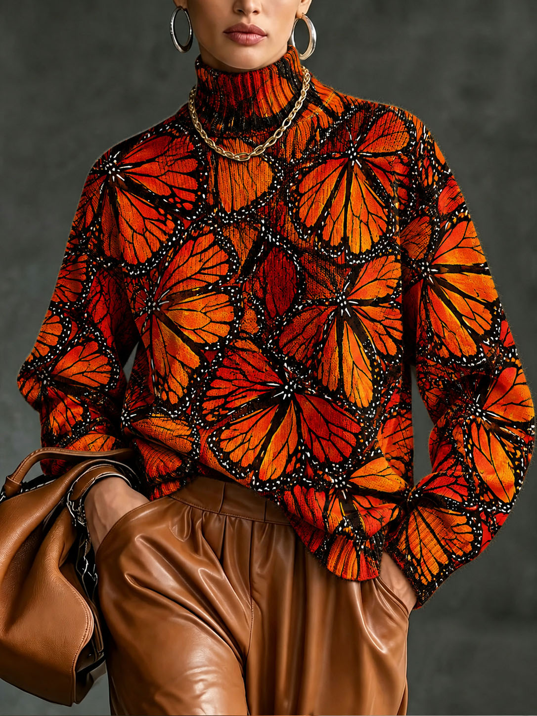 Women’s Printed Turtleneck Sweater – Stylish Butterfly Graphic Knit Pullover for Fall Winter