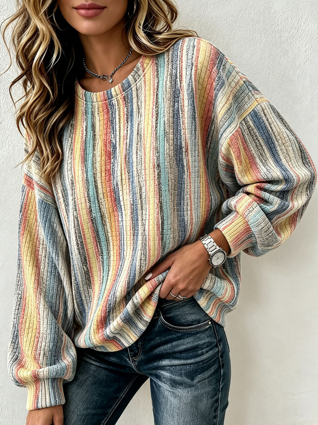 Women's Waffle Knit Sweatshirt Vintage Rainbow Vertical Stripe Print Crew Neck Long Sleeve Casual Loose Pullover Tops  >