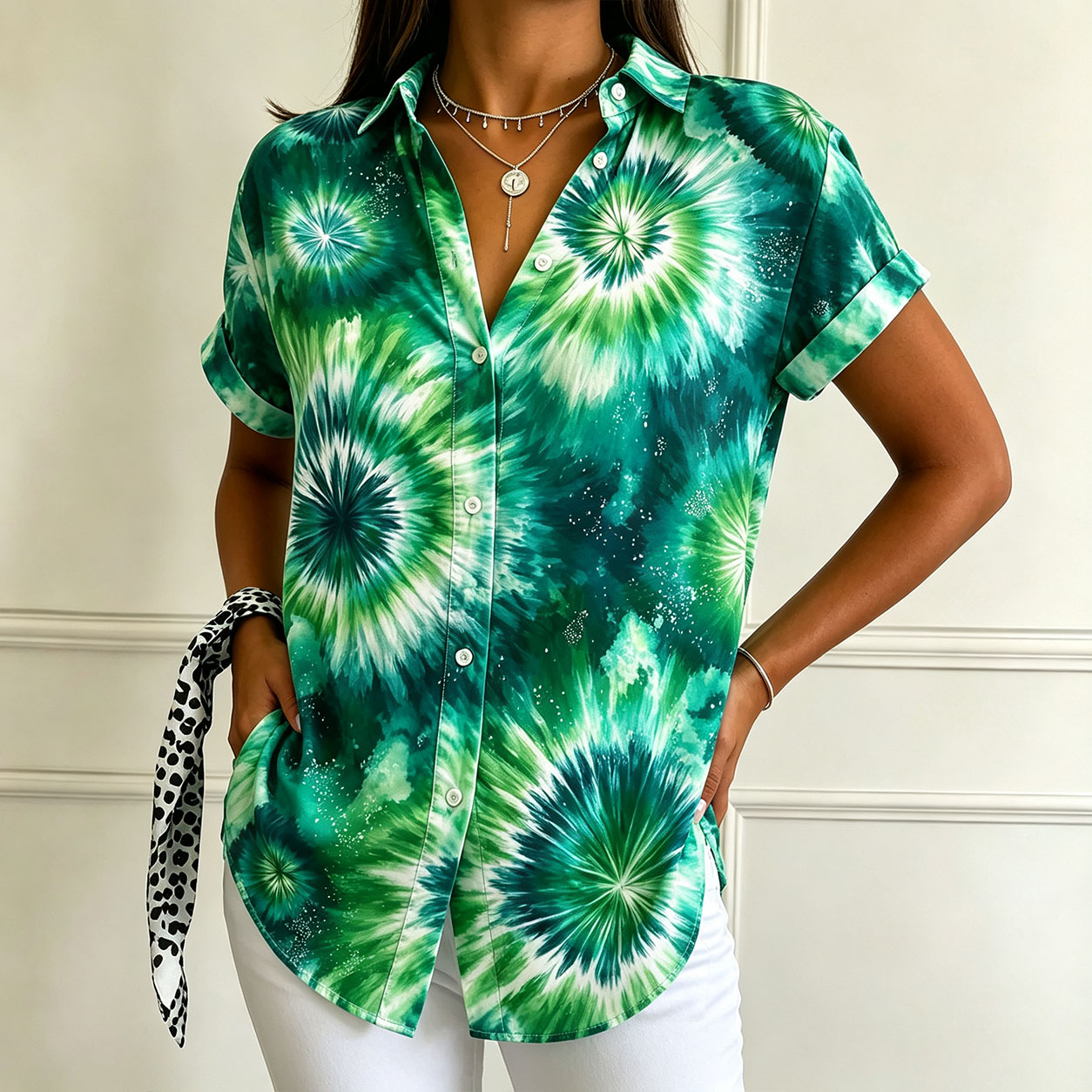 Women’s Short Sleeve Button Down Shirt, Abstract Green Floral Print Blouse, Tropical Botanical Casual Top, Lightweight Polyester Summer Shirt for Vacation, Beach, Resort & Everyday Wear-gemscharms