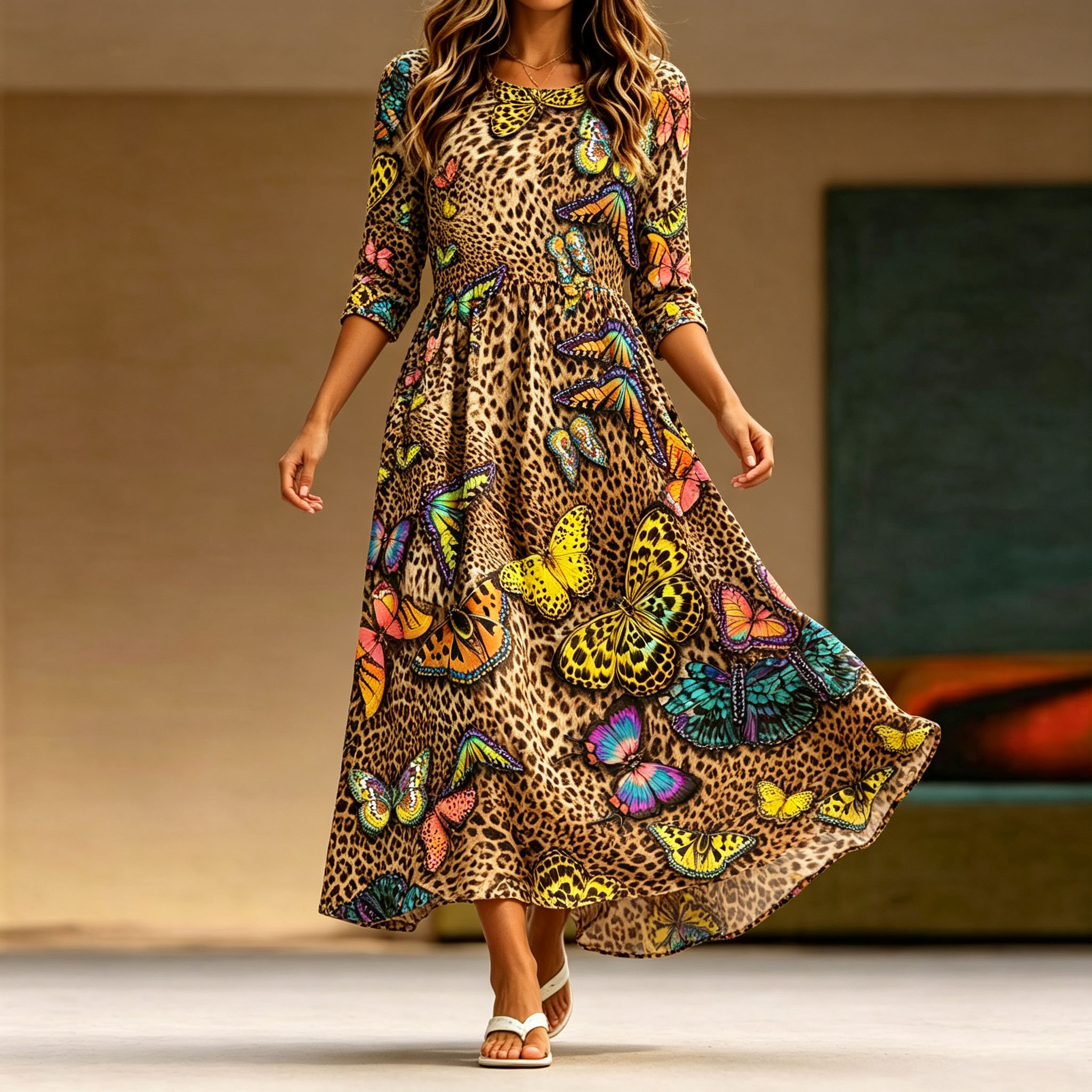 Women's Butterfly Leopard Print Maxi Dress 3/4 Sleeve Casual Swing Dress with Pockets, Boho A Line Long Dress for Summer Vacation