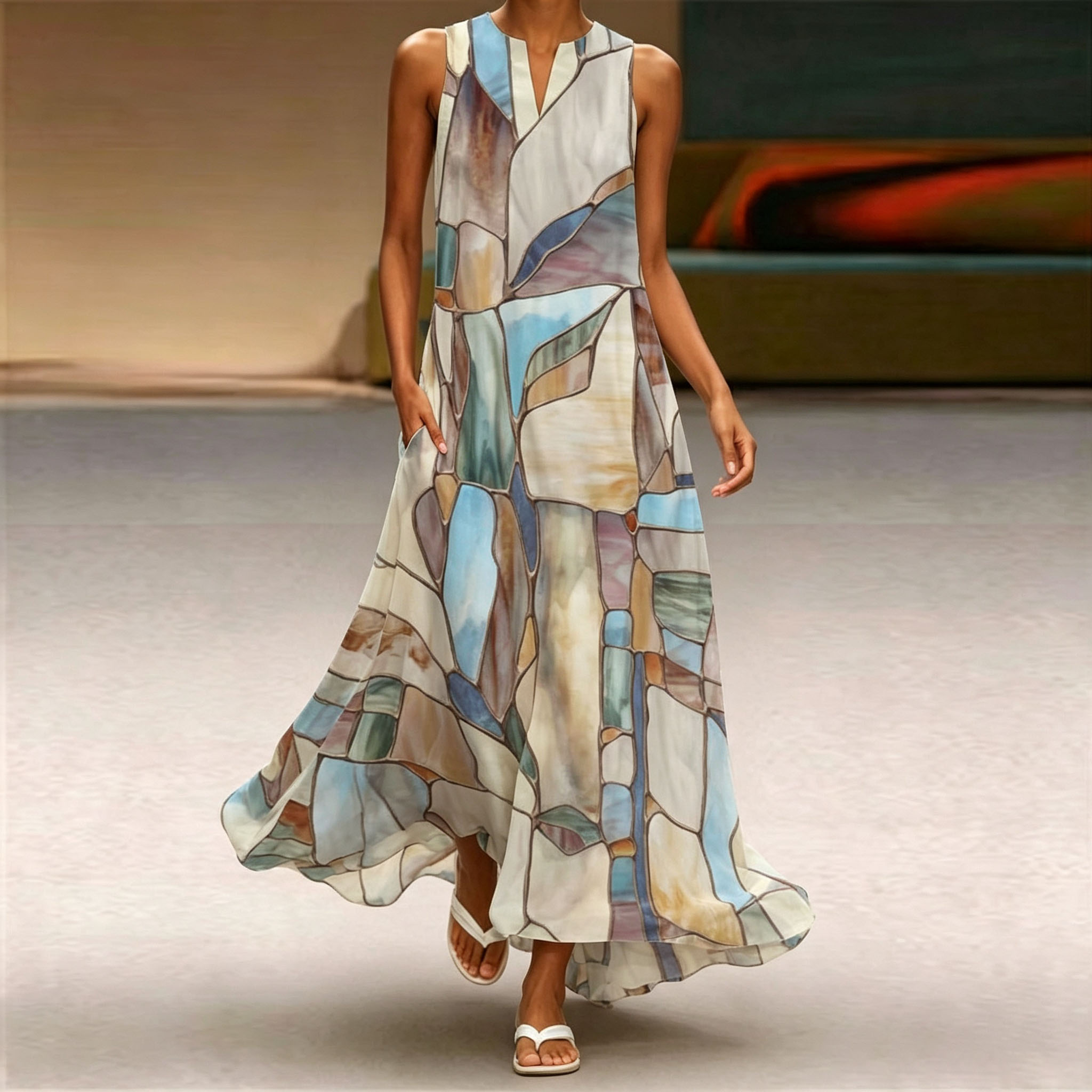 Women's Abstract Geometric Print Maxi Dress – Elegant Sleeveless Loose Fit Summer Dress with Pockets
