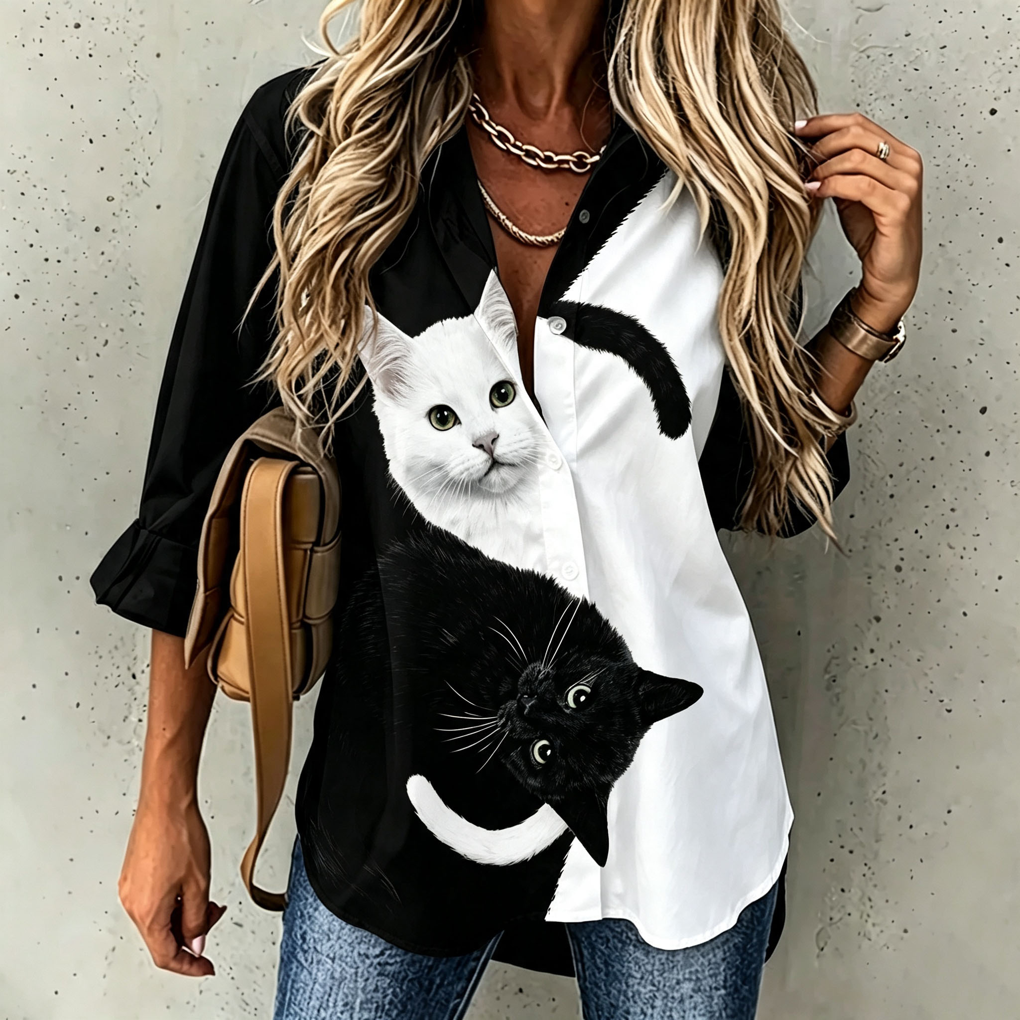 Women's Cute Cat Print Button Down Shirt Black White Graphic Blouse Casual Loose Fit Long Sleeve Tops Funny Animal Lover Shirt Fashion Streetwear Gift for Cat Lovers
