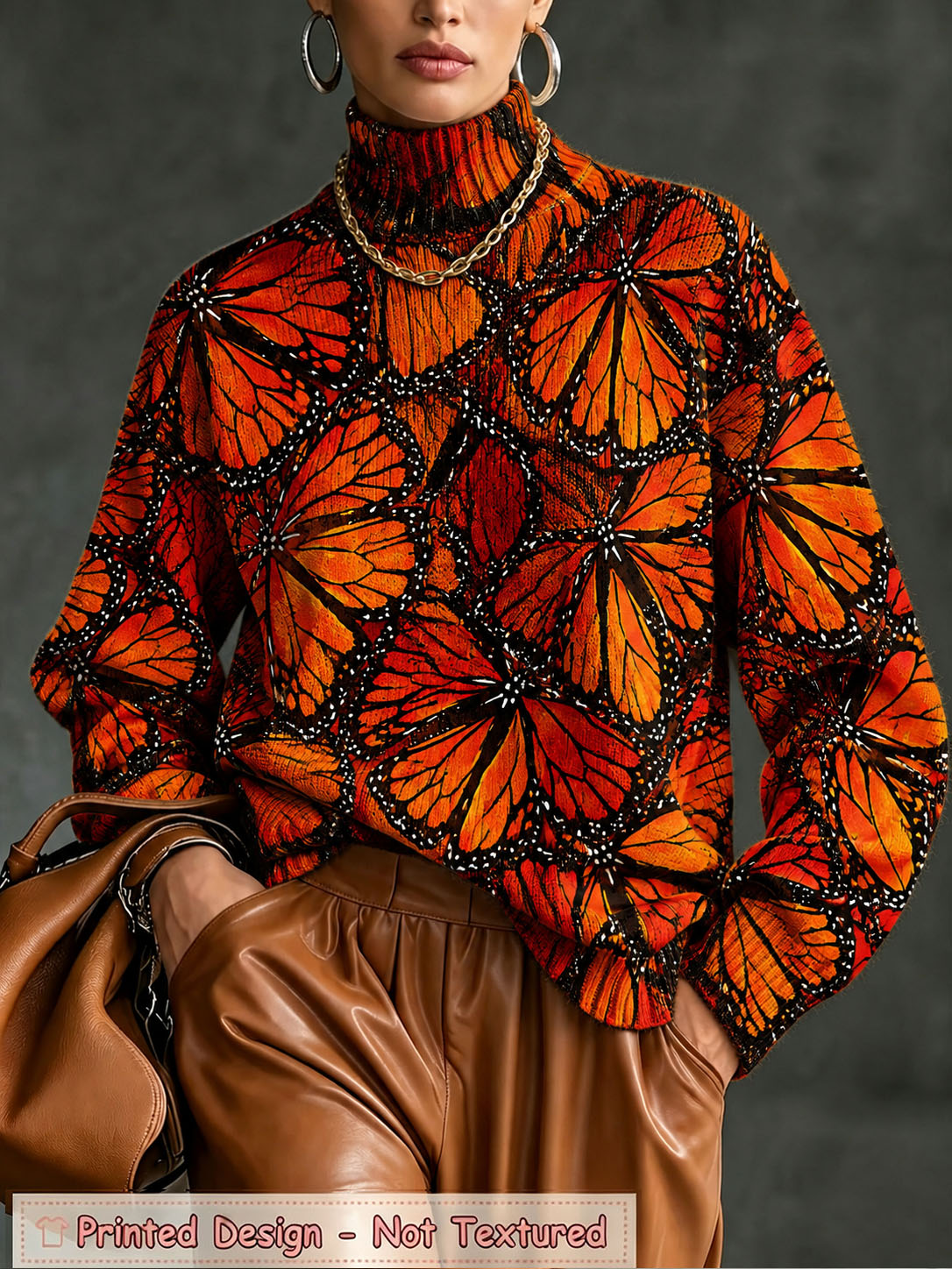 Women’s Printed Turtleneck Sweater – Stylish Butterfly Graphic Knit Pullover for Fall Winter