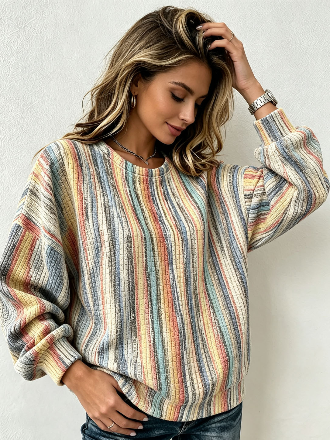 Women's Waffle Knit Sweatshirt Vintage Rainbow Vertical Stripe Print Crew Neck Long Sleeve Casual Loose Pullover Tops  >