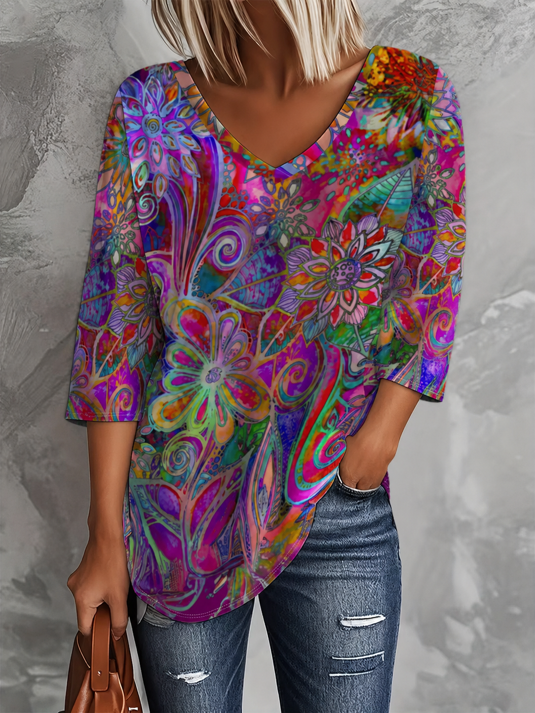Women’s 3/4 Sleeve Floral Print Tunic Tops V Neck Loose Fit Blouse Casual Lightweight Shirts for Women Trendy Colorful Printed Pullover Top