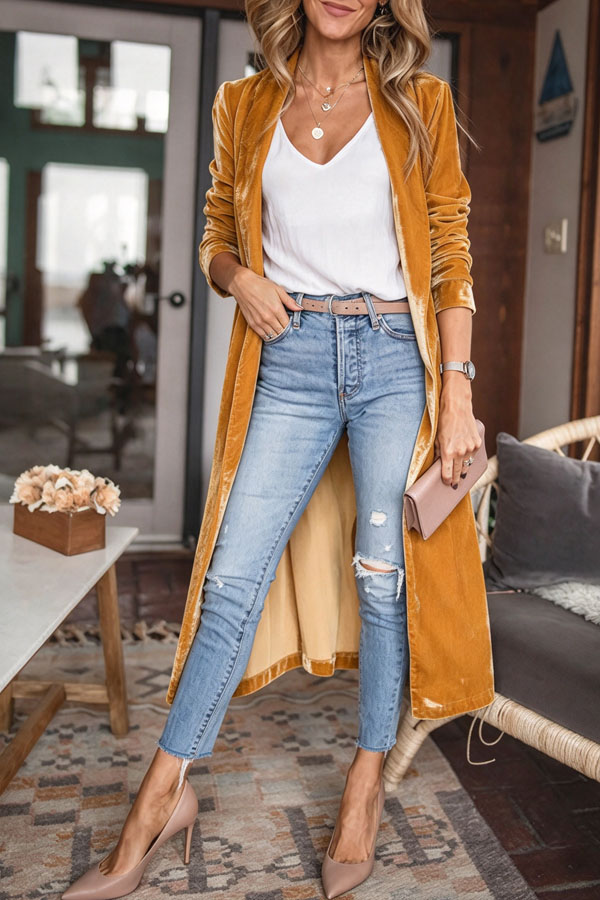 Women's Velvet Duster Coat, Long Open Front Blazer Jacket, Elegant Lightweight Longline Outerwear for Women, Casual Fall Spring Cardigan Coat