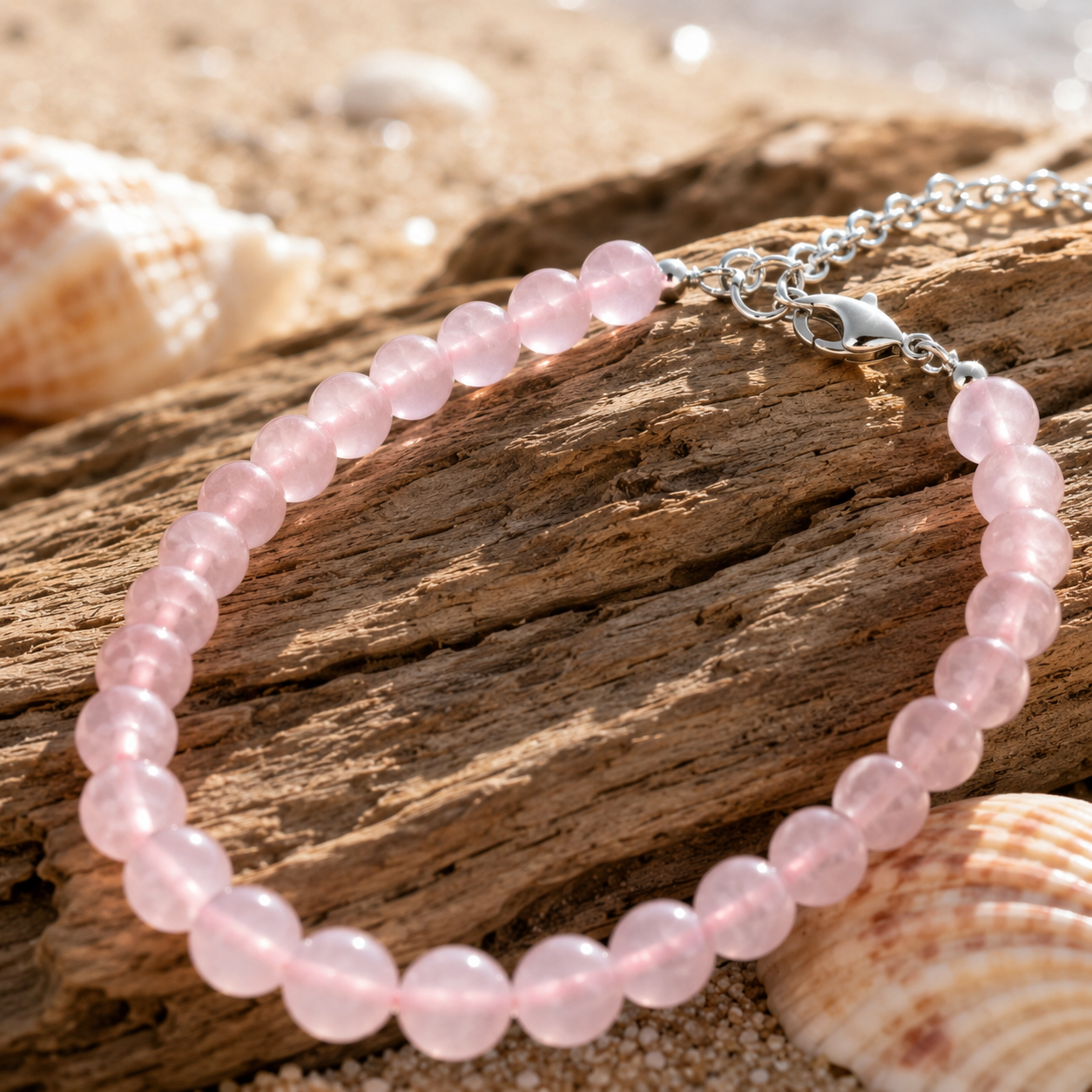 Rose Quartz Beaded Necklace – Mediterranean Resort Style Pink Crystal Jewelry | Handmade Natural Stone Love Necklace for Women | Soft Romantic Beach Vacation Accessory