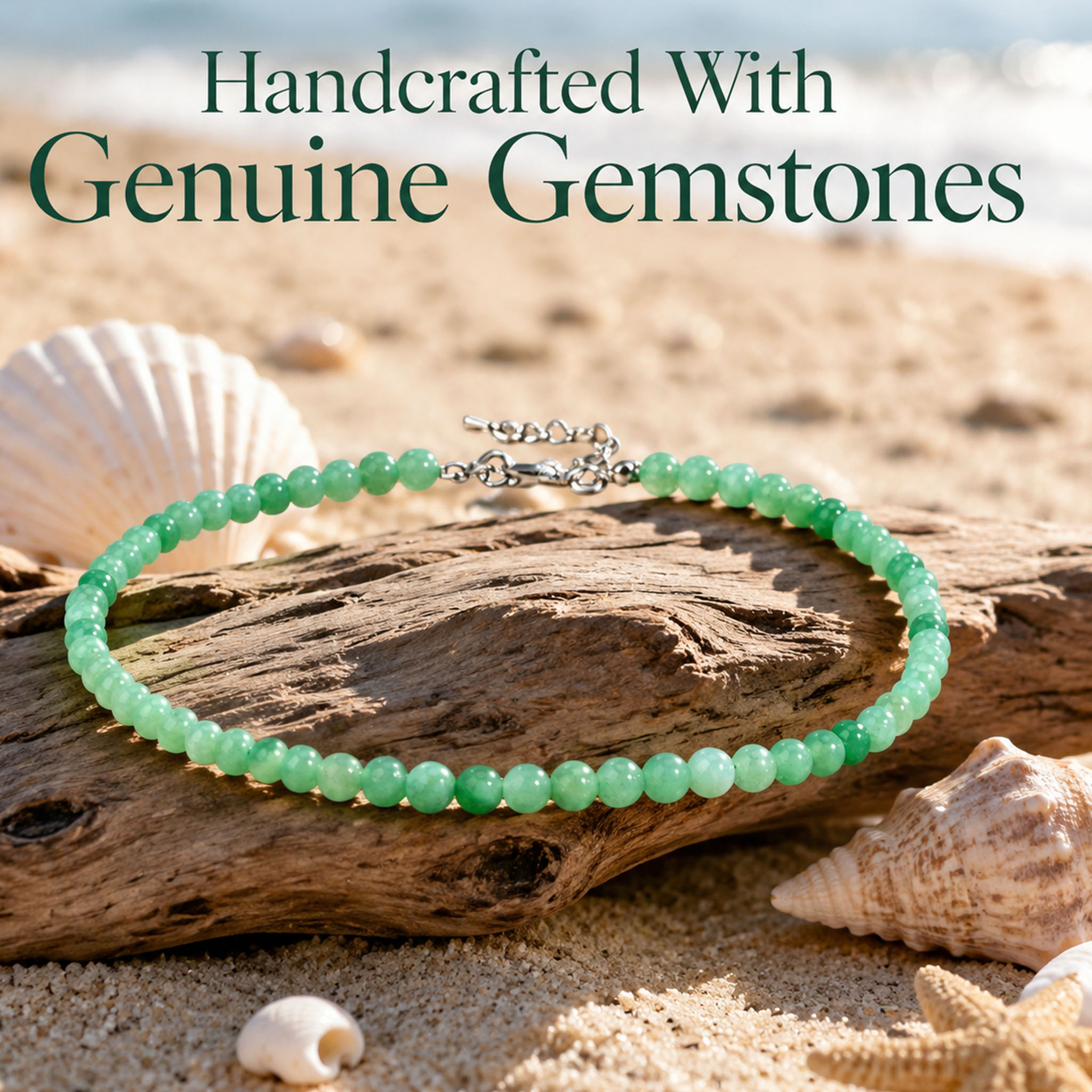 Natural Jade Beaded Necklace – Mediterranean Resort Style Gemstone Jewelry | Handmade Green Jade Crystal Necklace for Women | Elegant Stone Beach Vacation Strand