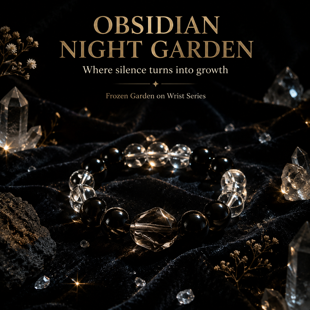 Obsidian Night Garden Crystal Bracelet - A quiet ecosystem suspended between darkness and light