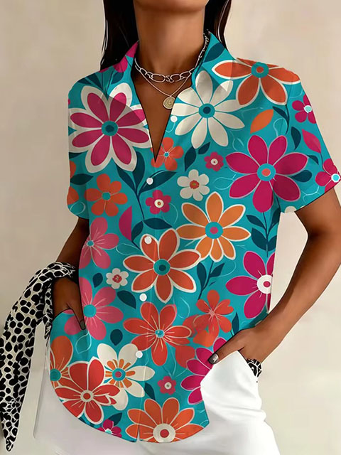 Women’s Floral Print Short Sleeve Button-Down Shirt – Lightweight Polyester Blouse