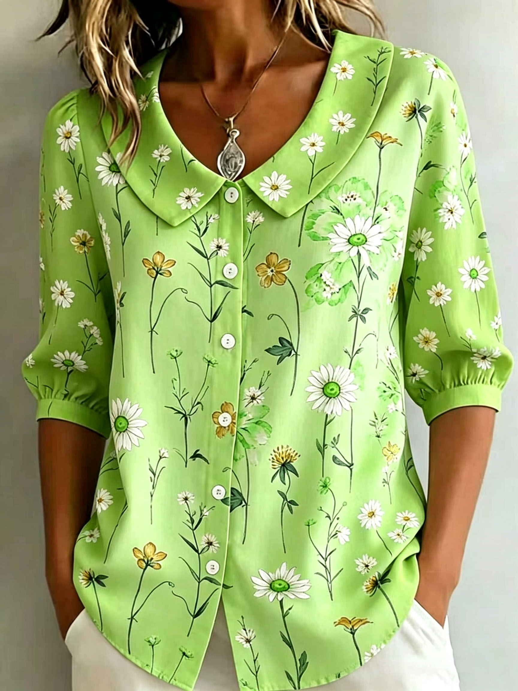 Women Vintage Wildflower Print Peter Pan Collar Blouse, 3/4 Puff Sleeve Button Down Shirts, Lightweight Polyester Casual Loose Floral Tops with Side Pockets