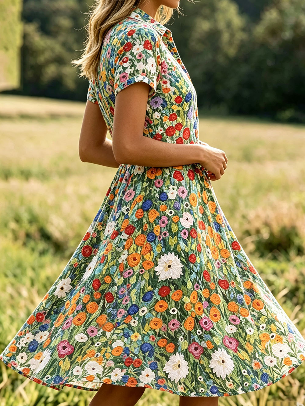 Women’s Floral Print Shirt Dress – Lightweight Polyester Summer Casual Midi Dress with Button Front