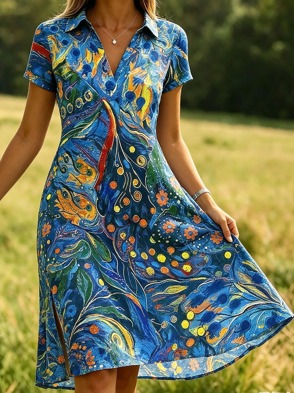 Women’s Abstract Blue Print Summer Dress – Lightweight Polyester Casual Shirt Dress, Buttonless Design