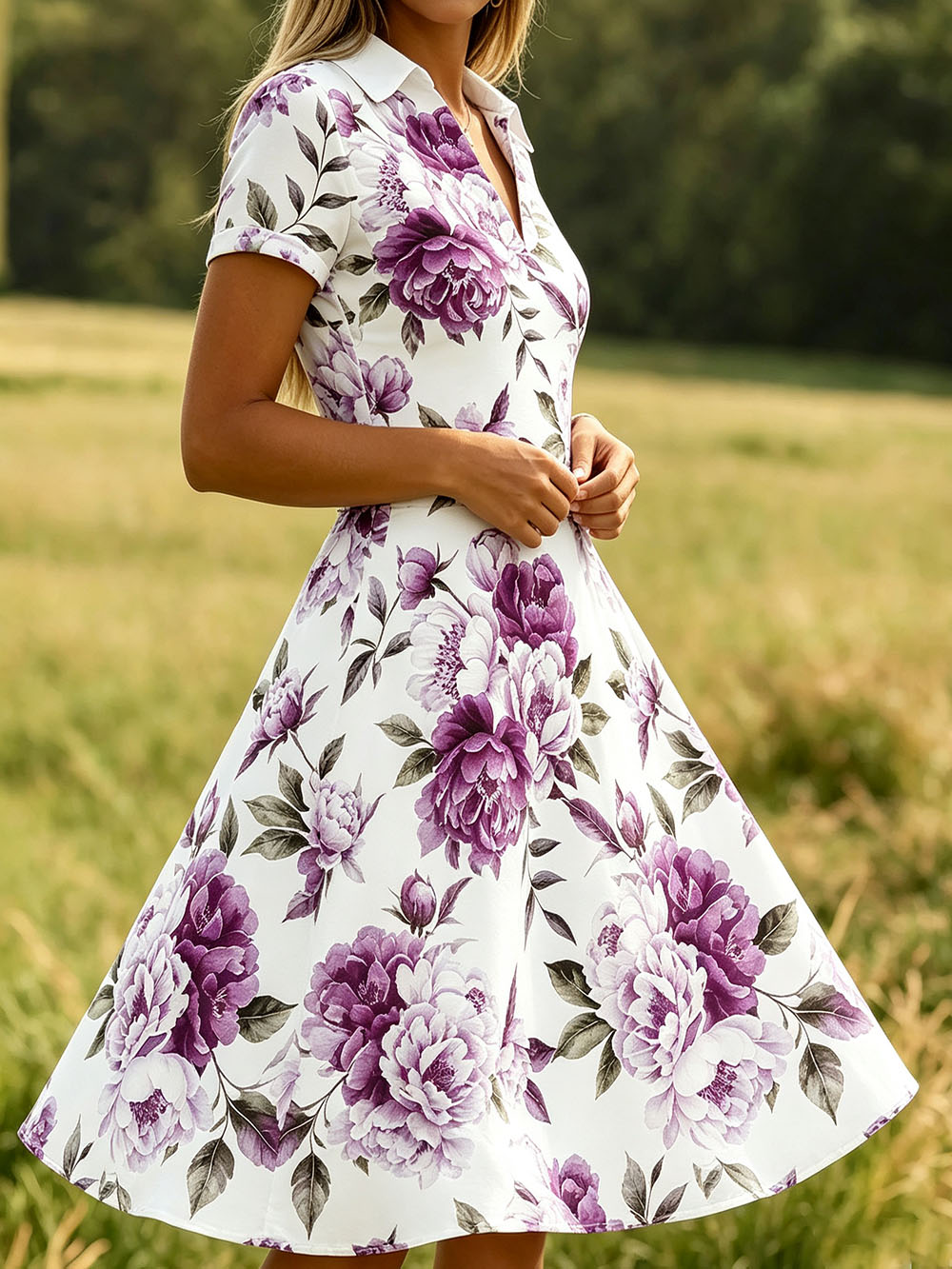 Women’s Short Sleeve Collared V Neck Midi Dress, Lightweight Polyester Purple Peony Floral Print A Line Flowy Summer Dress for Vacation Countryside