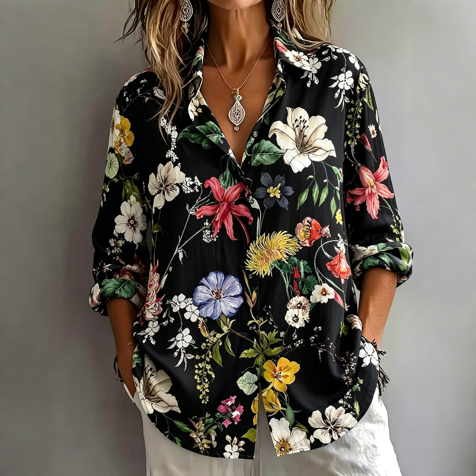 Women’s Black Floral Print Button Down Shirt – Elegant Long Sleeve Casual Blouse with Lightweight Polyester Fabric