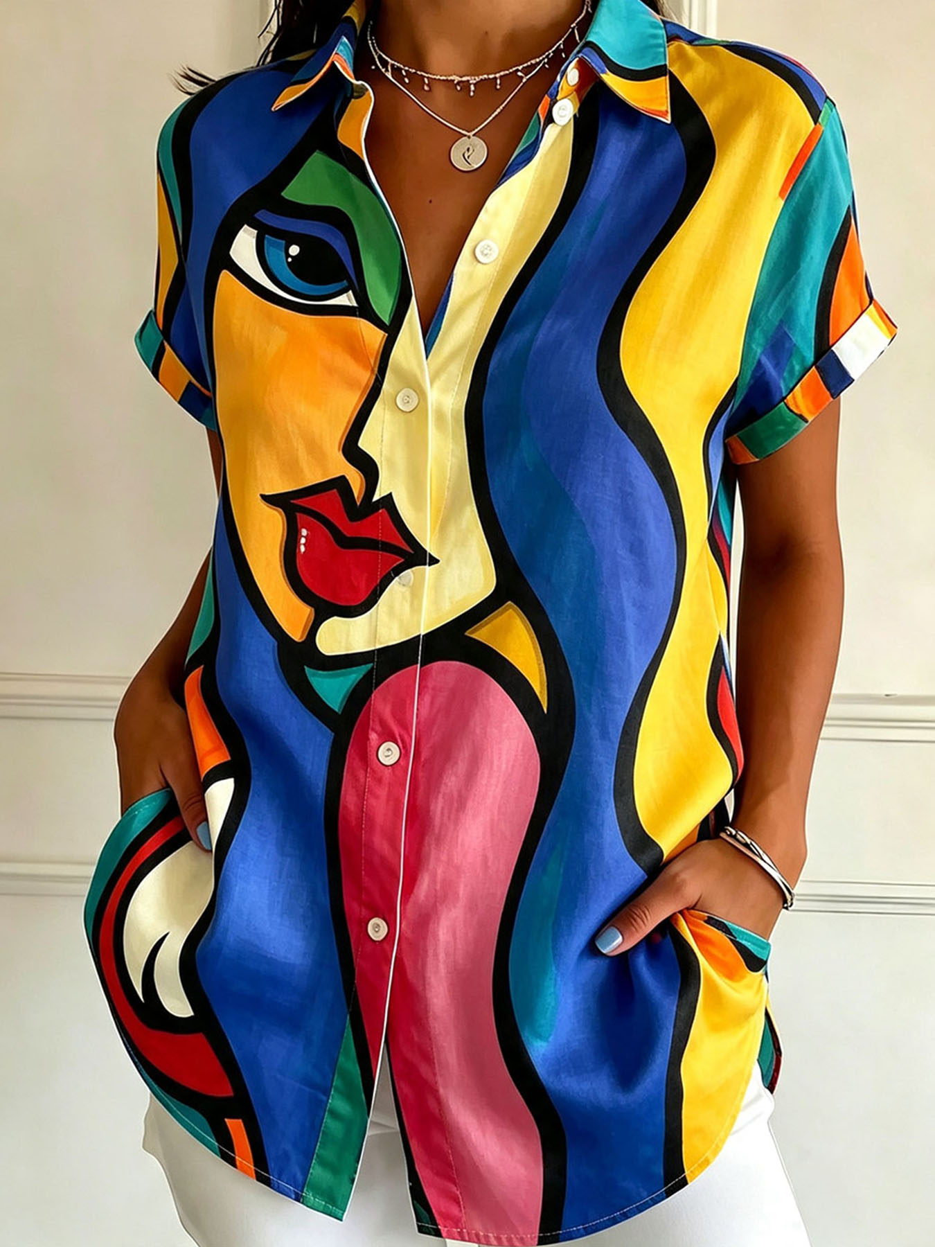 Women's Abstract Face Print Button Down Shirt – Colorful Artistic Short Sleeve Blouse with Lightweight Polyester Fabric