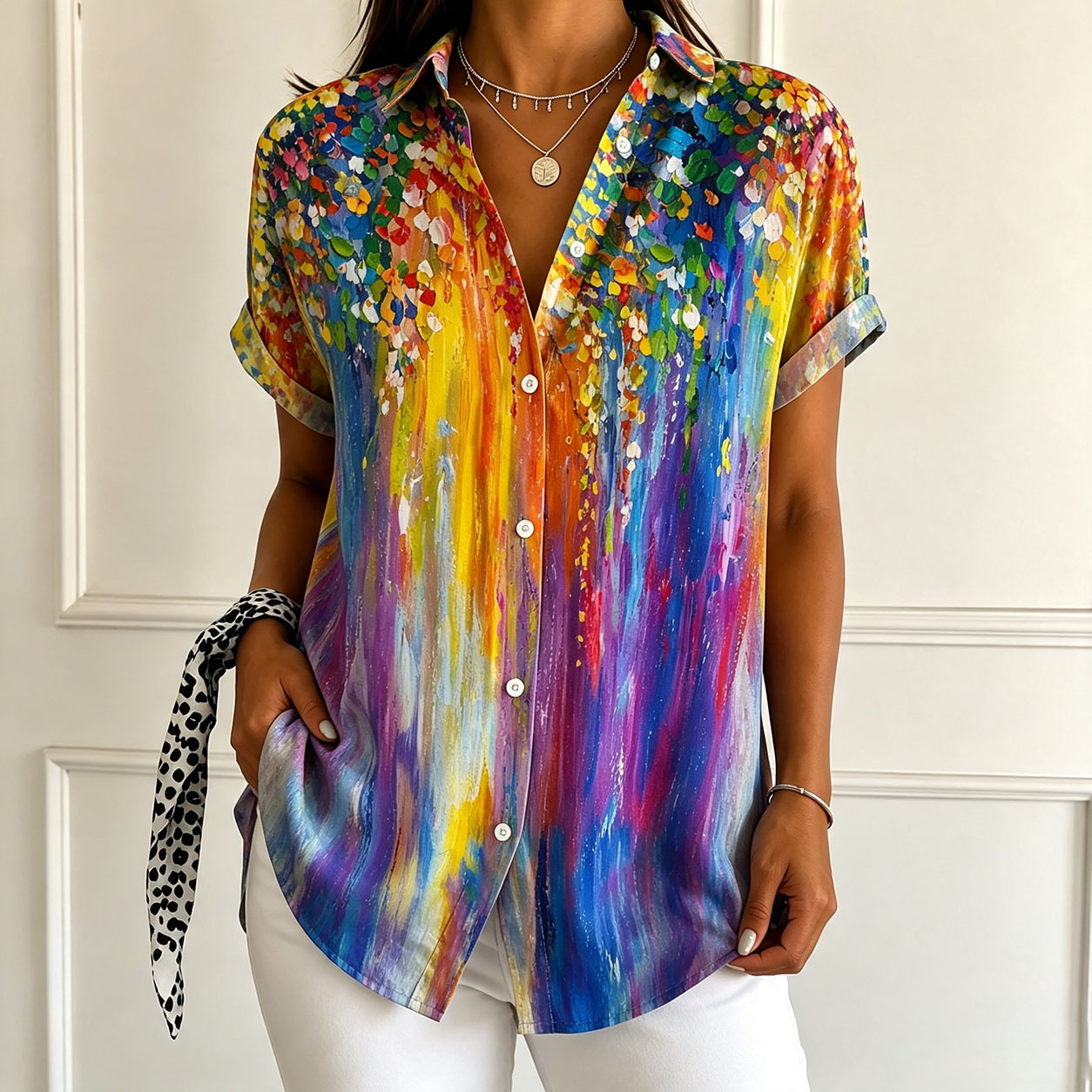 Women's Abstract Colorful Print Button Down Shirt Short Sleeve Graphic Blouse Lightweight Polyester Casual Loose Fit Artistic Tops for Vacation Summer Wear